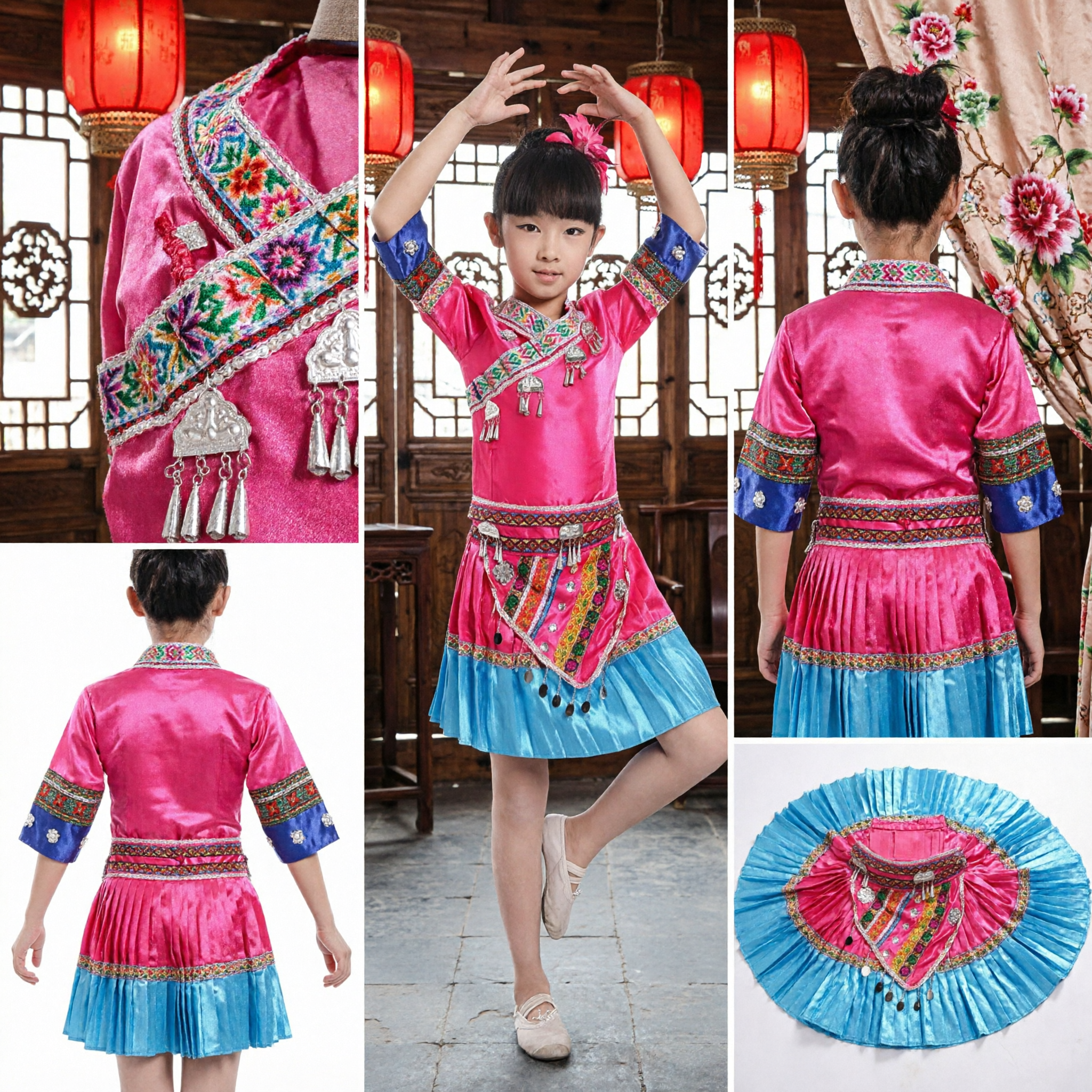 Kids Chinese Miao Minority Folk Dance Costume Traditional Embroidery Stage Performance Dress for Girls - Asian Costume