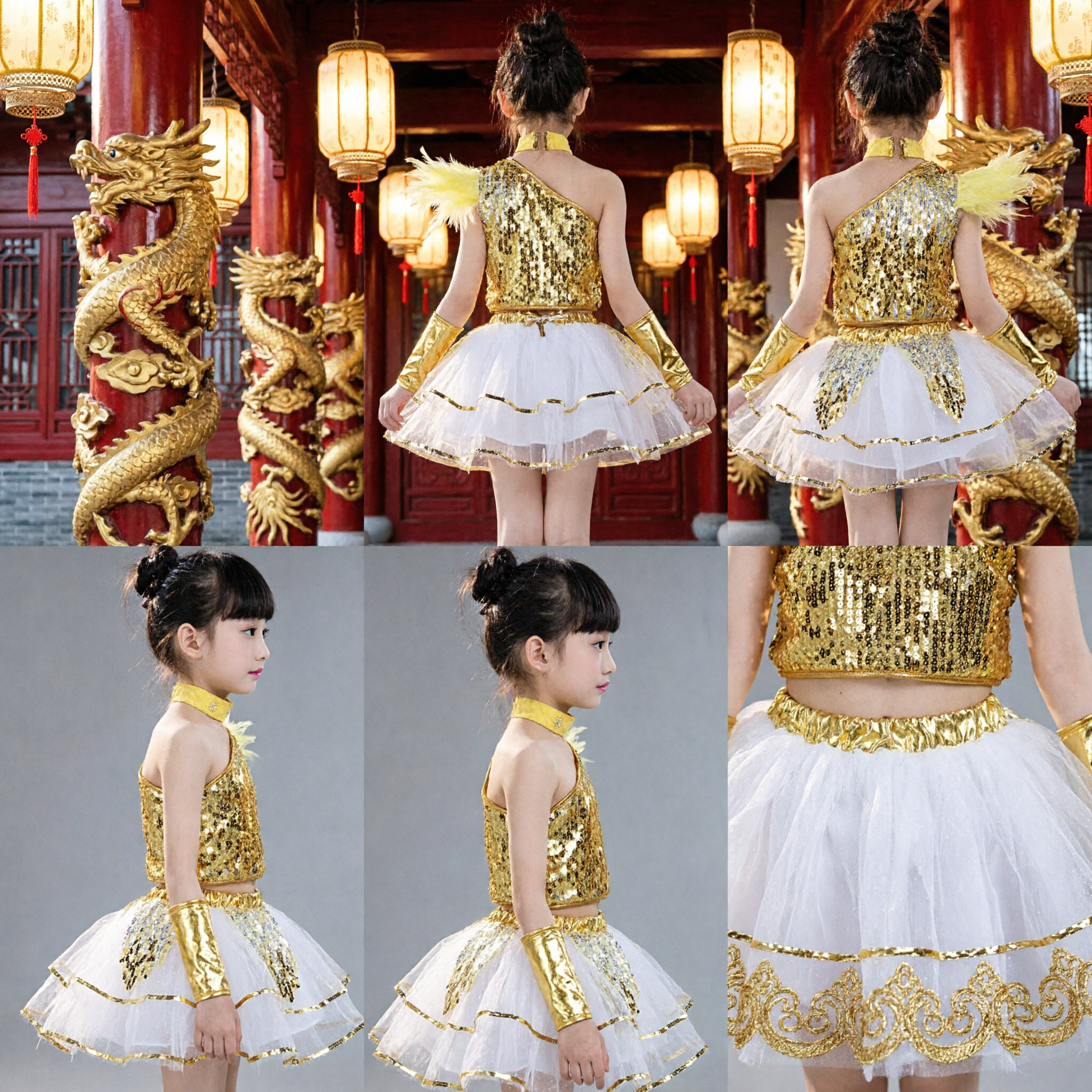 Girls Gold Sequin Latin Dance Costume One Shoulder Tutu Dress Kids Jazz Stage Performance Outfit - Asian Costume