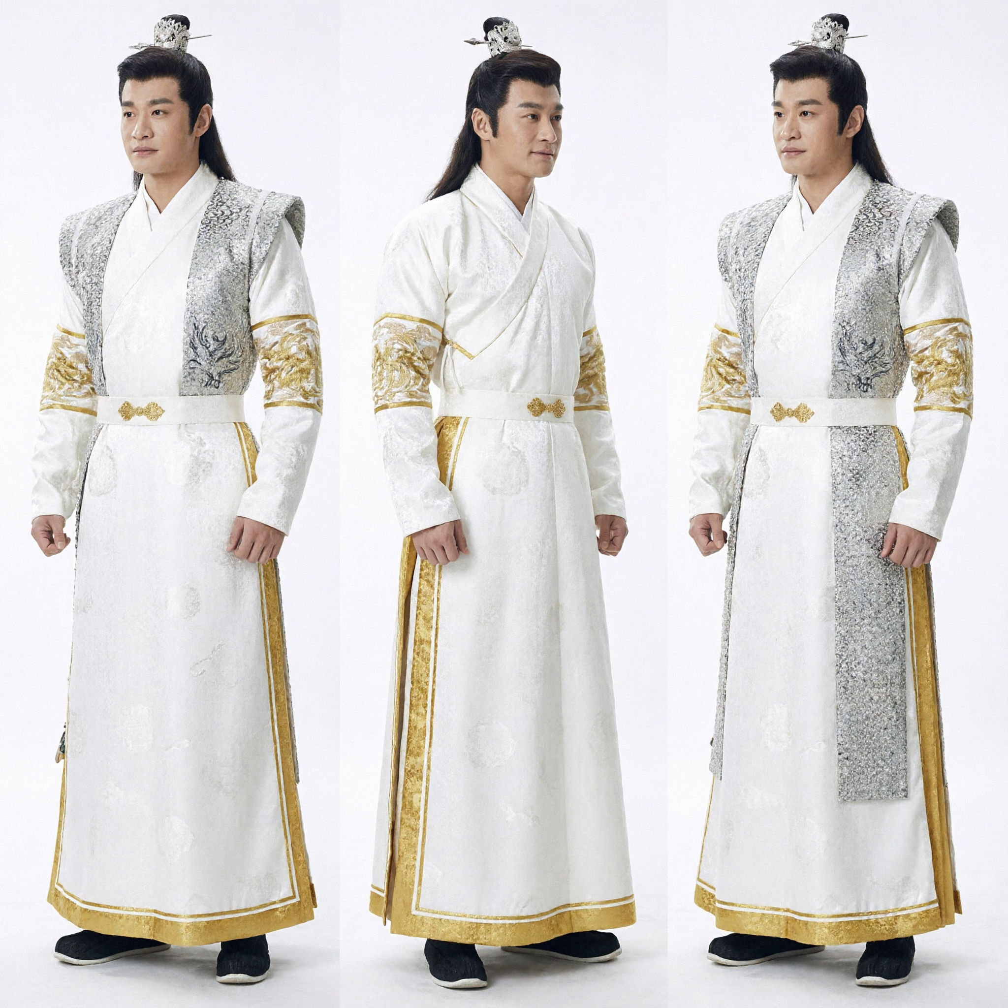 Men's Traditional Chinese Hanfu Costume White Silver Ancient Prince Robe for Historical Drama Cosplay - Asian Costume