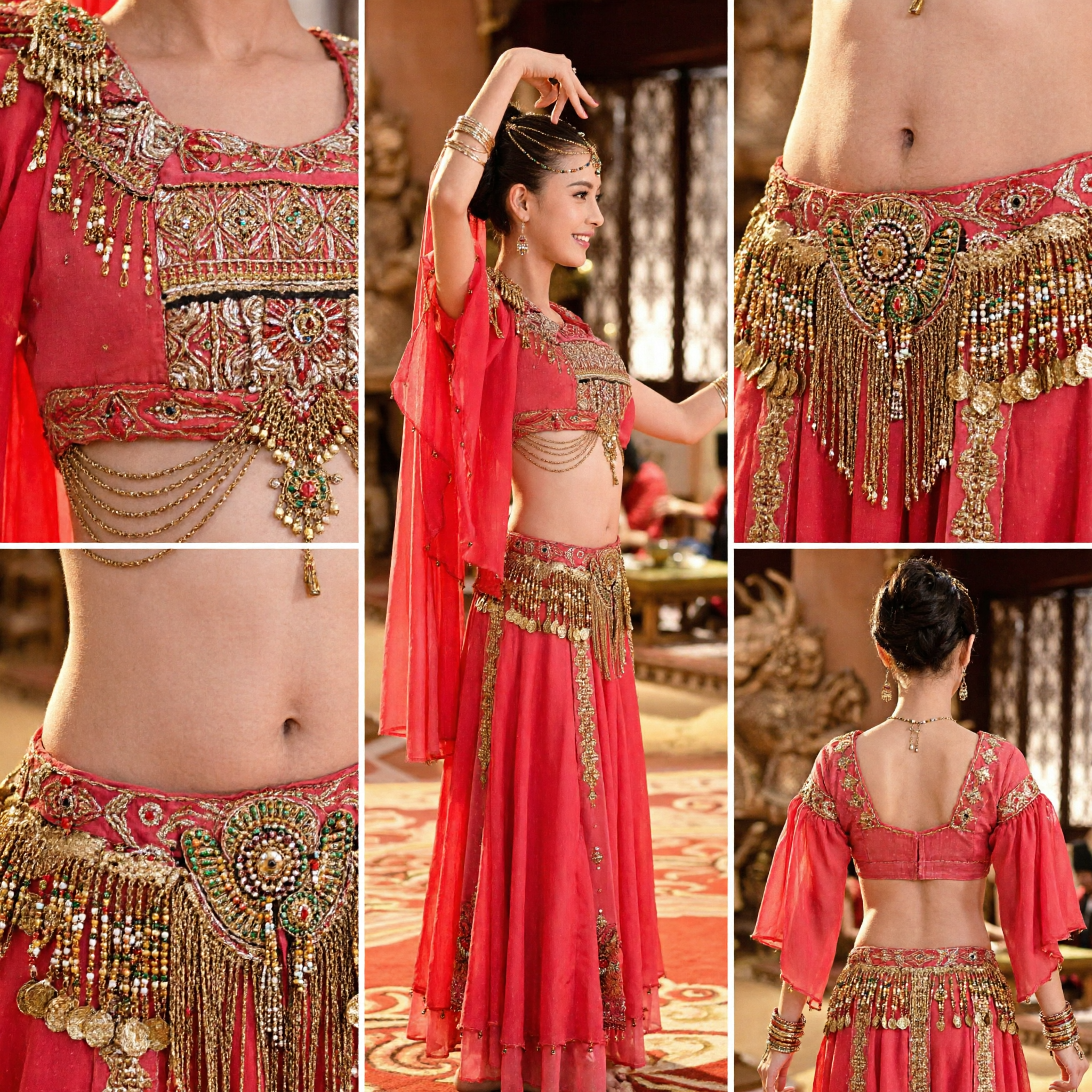 Women's Red Dunhuang Flying Apsaras Dance Costume Traditional Chinese Stage Performance Outfit with Gold Accessories - Asian Costume