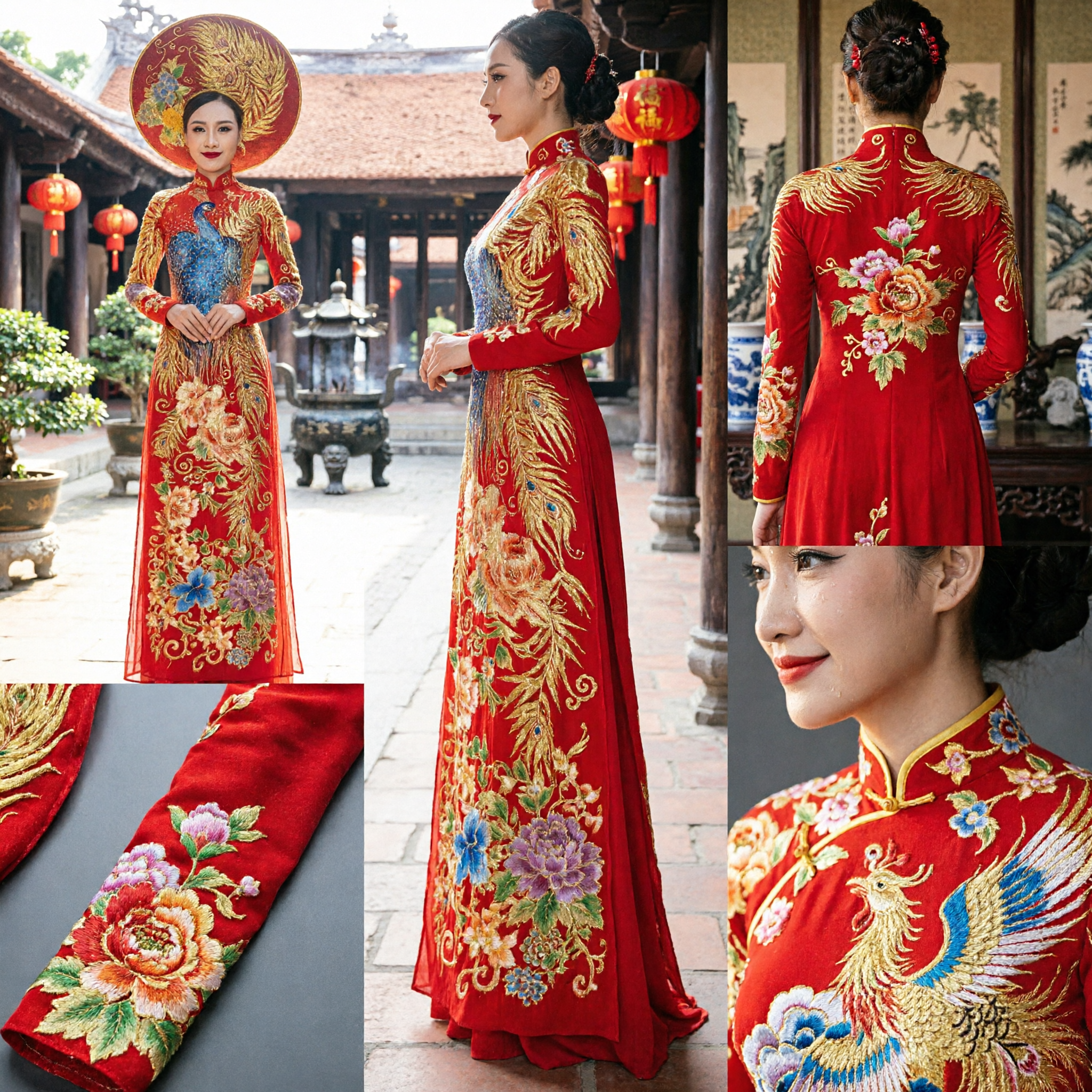 Traditional Chinese Red Phoenix Embroidery Wedding Dress Stage Performance Costume with Headdress for Women - Asian Costume