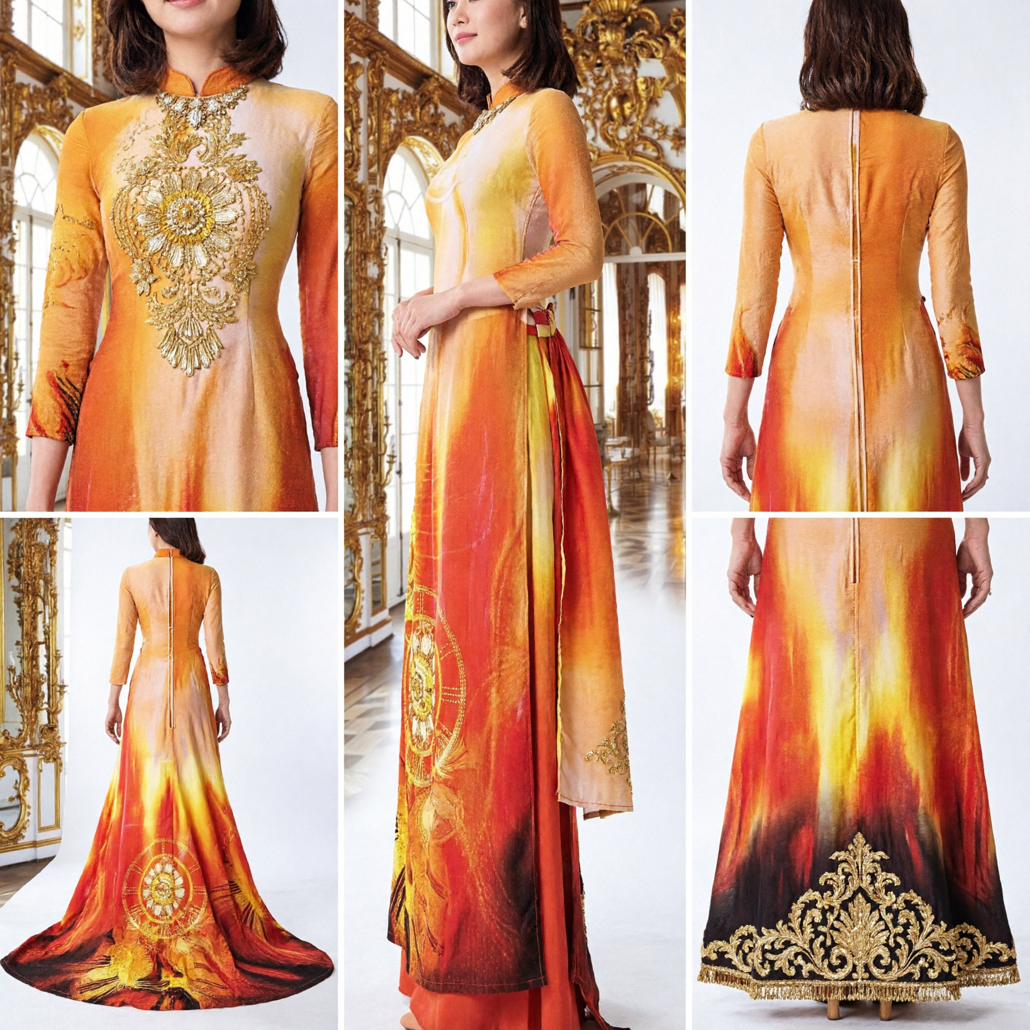 Elegant Women's Traditional Vietnamese Ao Dai Long Dress Orange Yellow Gradient Print Formal Evening Gown - Asian Costume