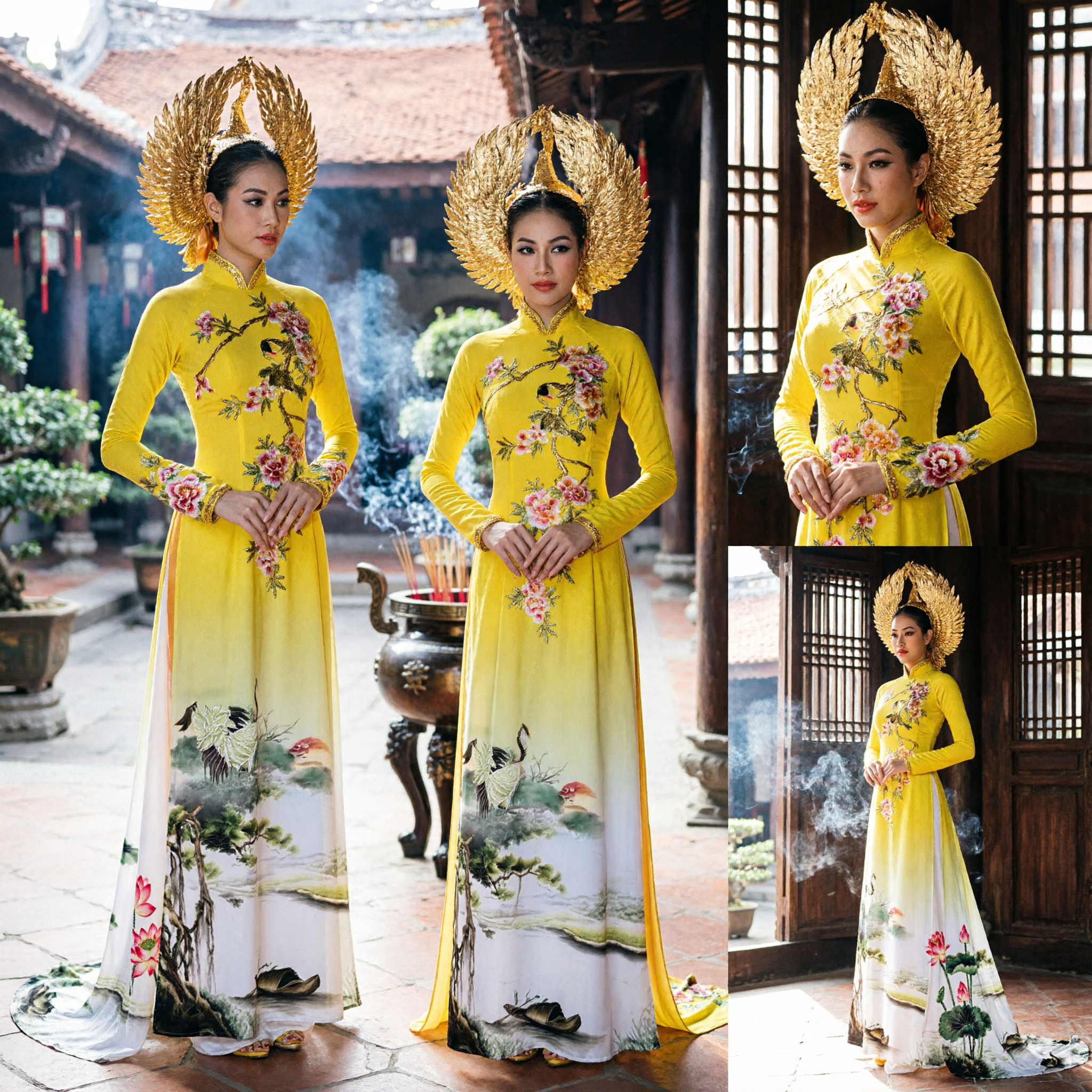 Elegant Yellow Vietnamese Ao Dai Traditional Long Dress with Floral Print for Women Wedding Ceremony - Asian Costume