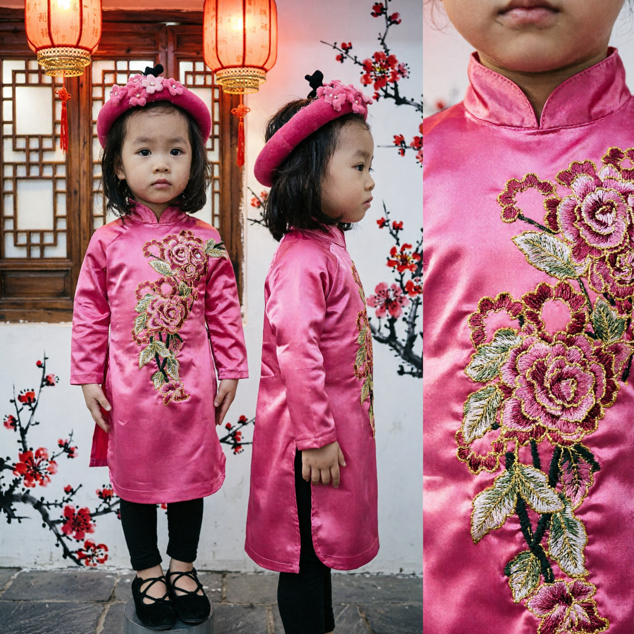 Pink Floral Embroidery Ao Dai Traditional Vietnamese Dress for Girls Kids Toddler Costume with Matching Headband - Asian Costume
