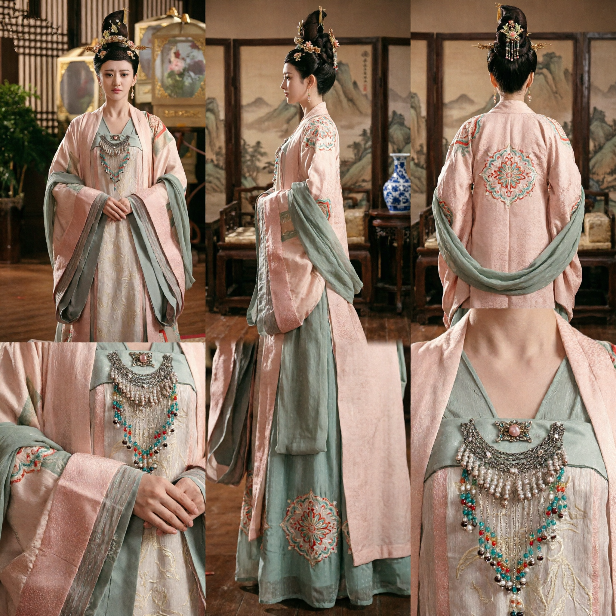 Elegant Traditional Chinese Hanfu Tang Dynasty Noble Lady Costume Pink and Green Dress for Women Photography - Asian Costume