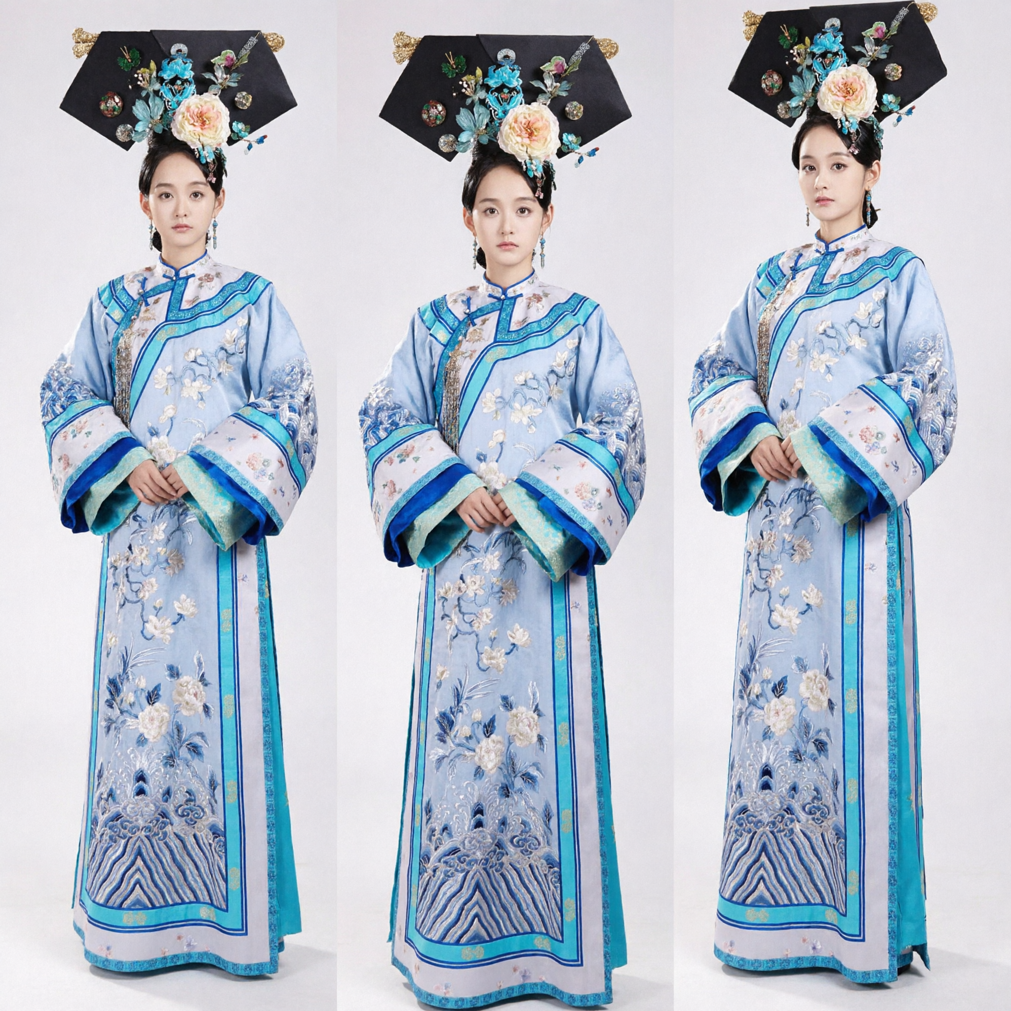 Traditional Chinese Qing Dynasty Manchu Princess Blue Embroidered Robe and Headdress Set for Women Cosplay Performance - Asian Costume