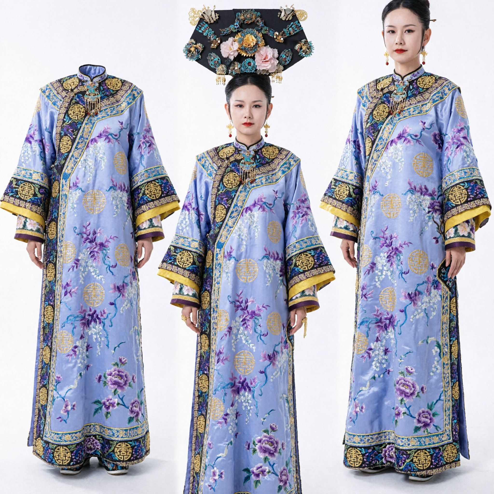 Qing Dynasty Manchu Princess Embroidered Robe and Headdress Set Traditional Chinese Ancient Palace Costume for Women - Asian Costume