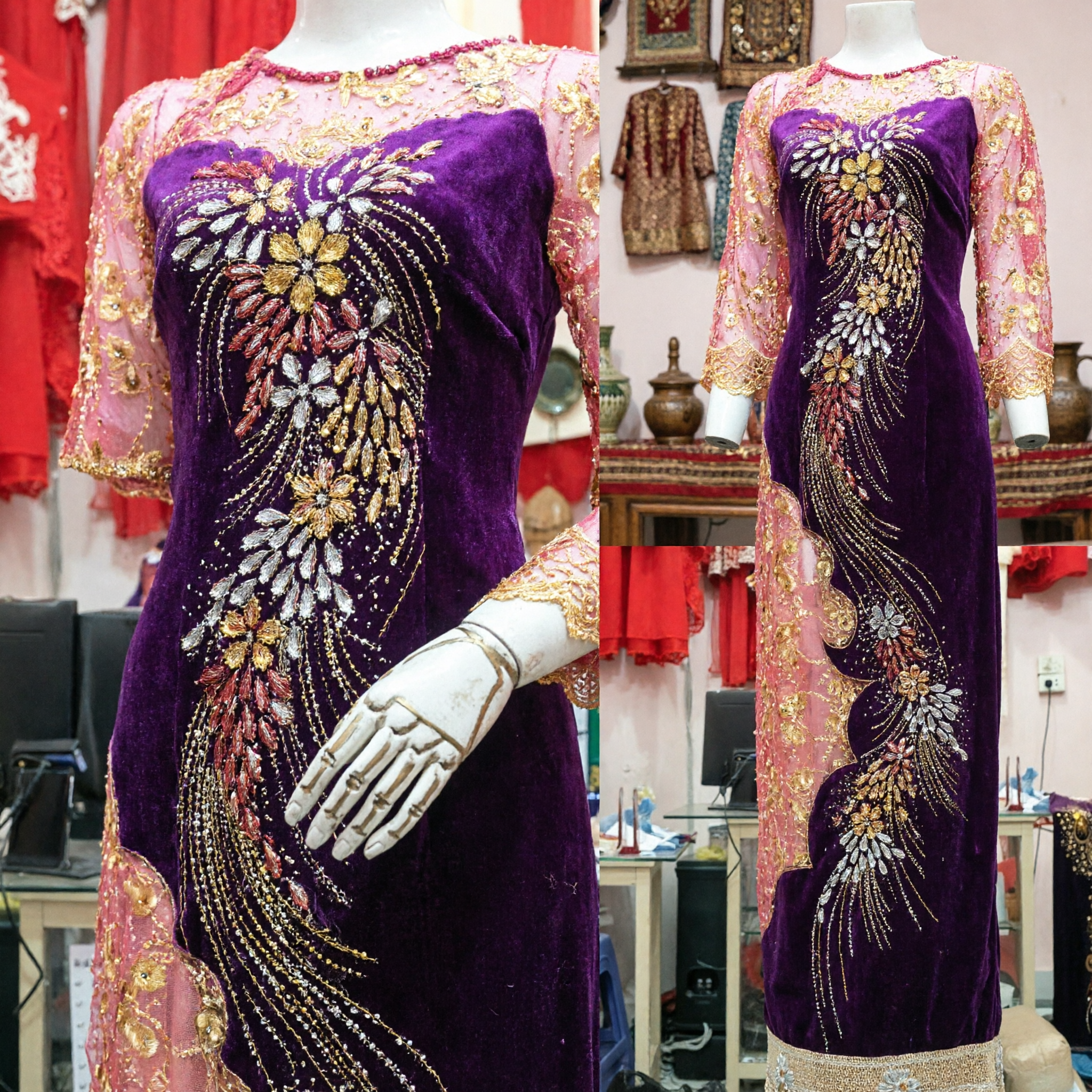 Elegant Purple Velvet Chinese Cheongsam Wedding Dress with Pink Lace Sleeves and Gold Beaded Embroidery for Women - Asian Costume