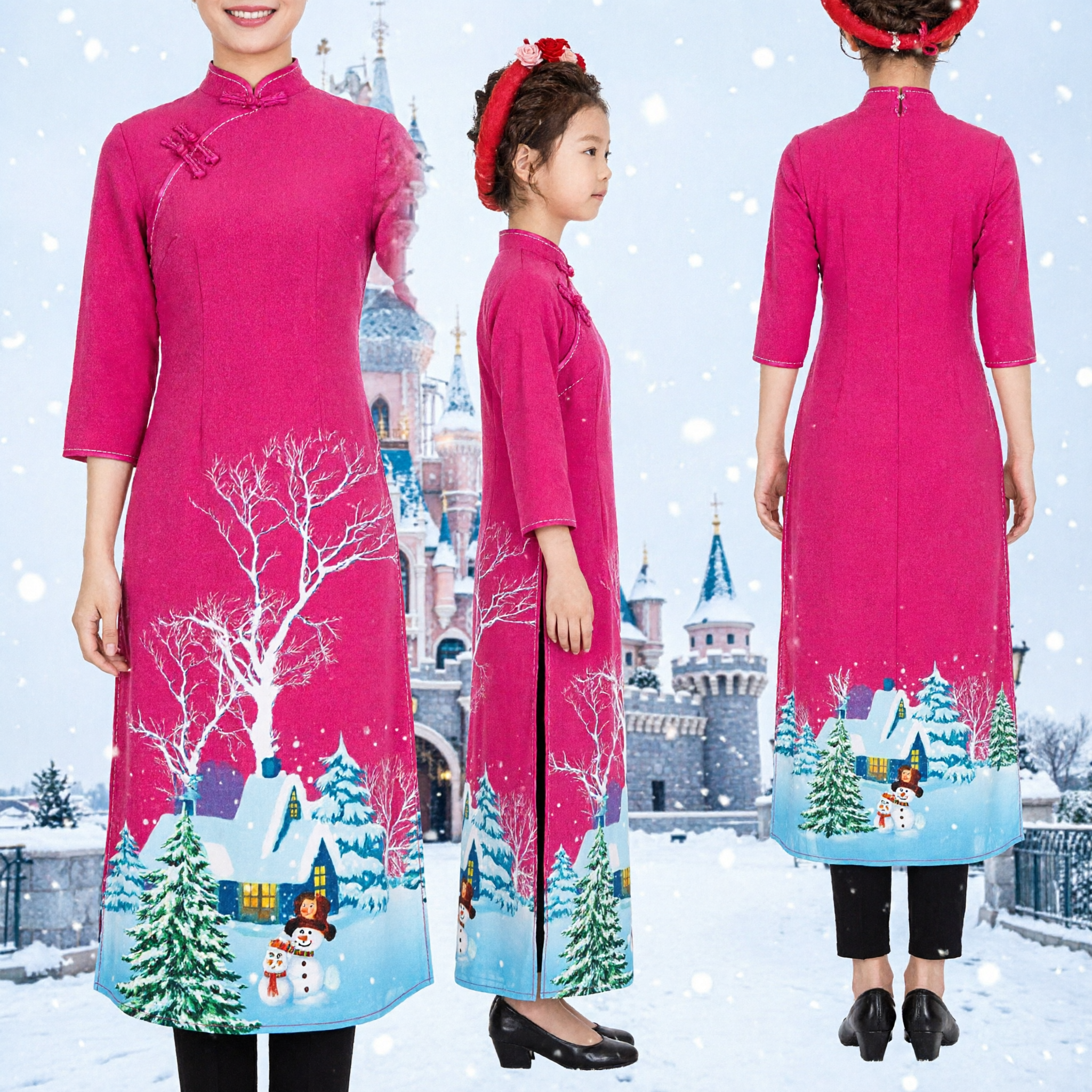Pink Vietnamese Ao Dai Mother Daughter Matching Outfit Winter Snow Print Traditional Tet Festival Dress - Asian Costume