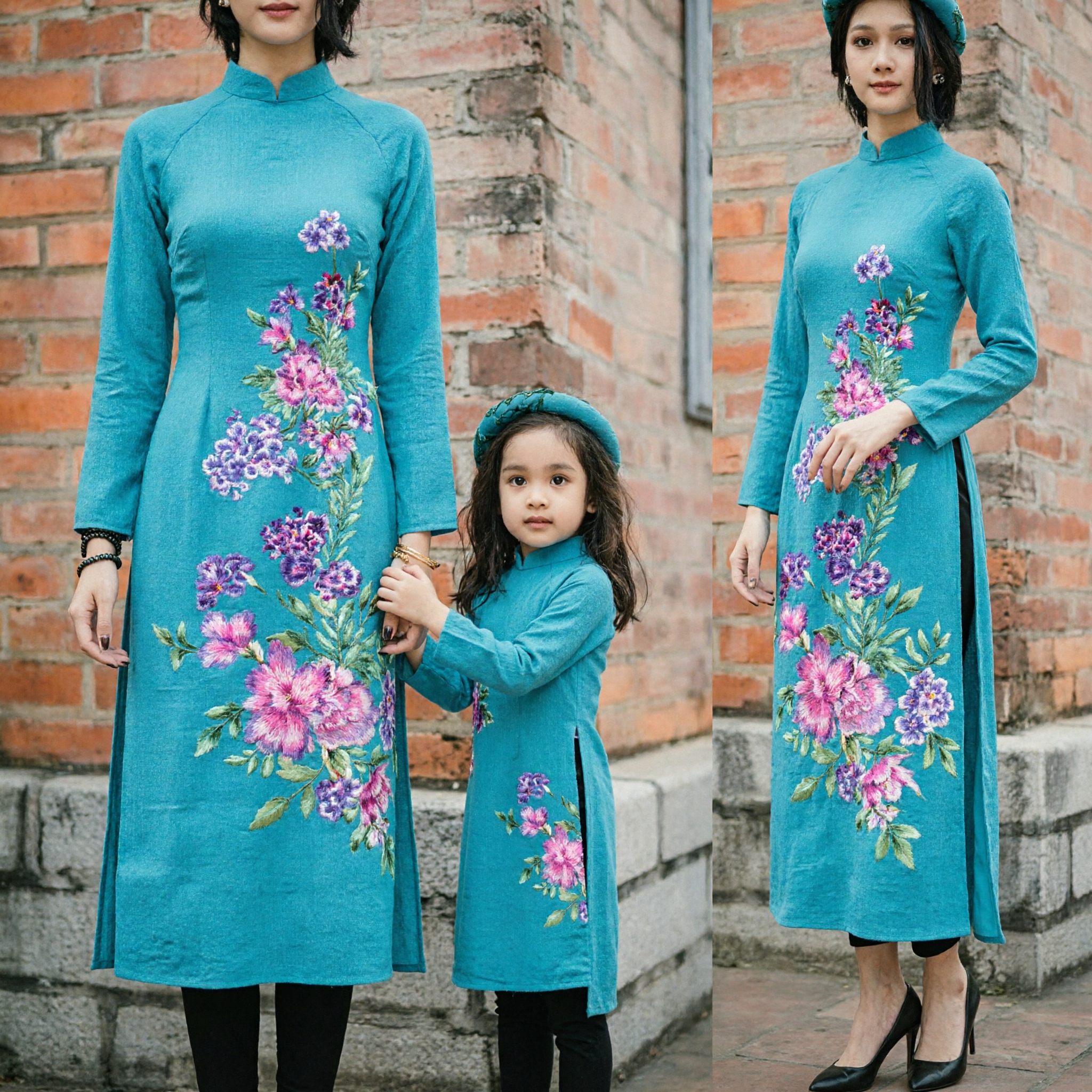 Teal Blue Vietnamese Ao Dai Mother Daughter Matching Set Floral Embroidery Traditional Dress for Tet Festival - Asian Costume