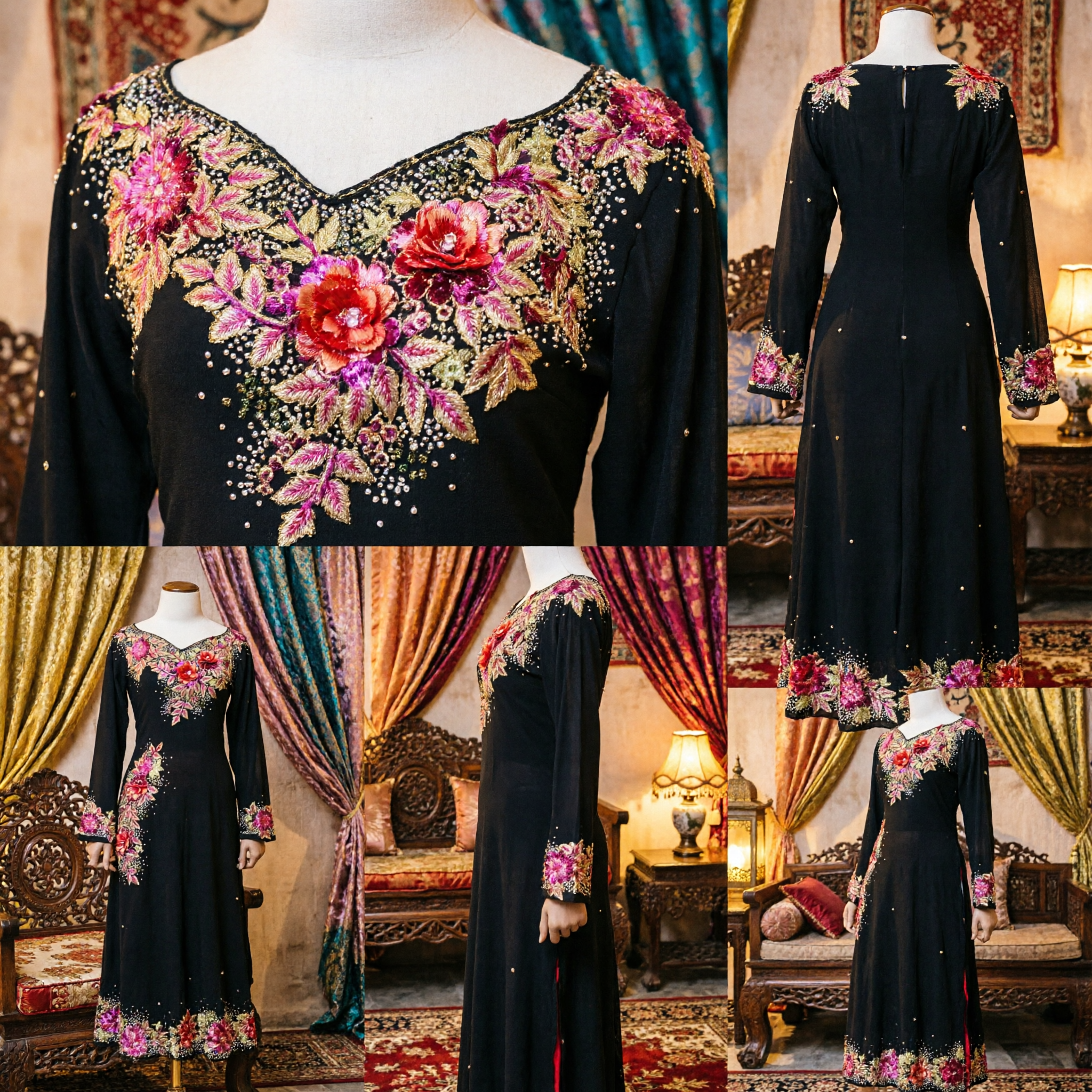 Elegant Black Traditional Asian Long Dress with Exquisite Floral Embroidery for Women Formal Cultural Events - Asian Costume