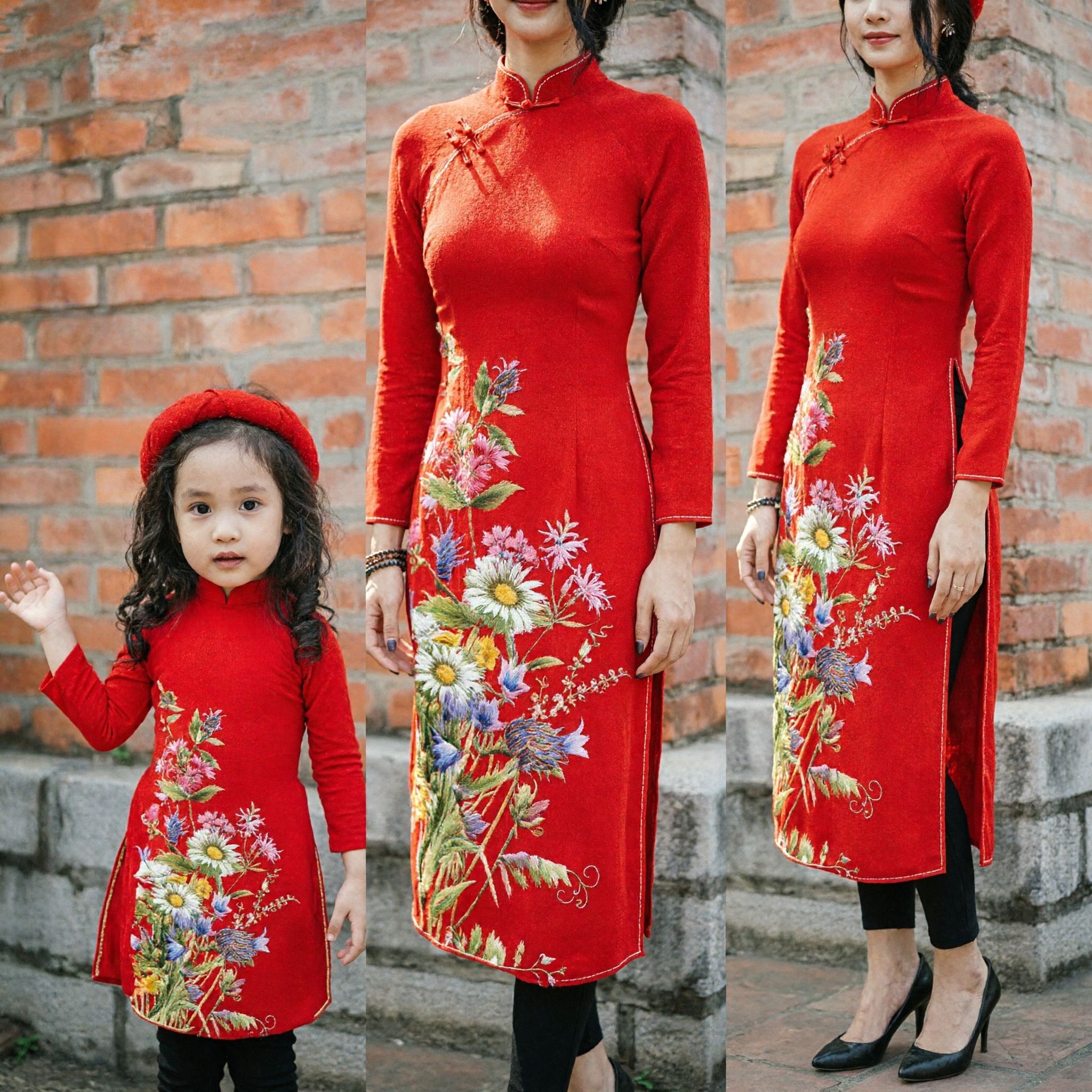 Traditional Vietnamese Ao Dai Mother Daughter Matching Set Red Floral Print Long Dress for Tet Festival - Asian Costume
