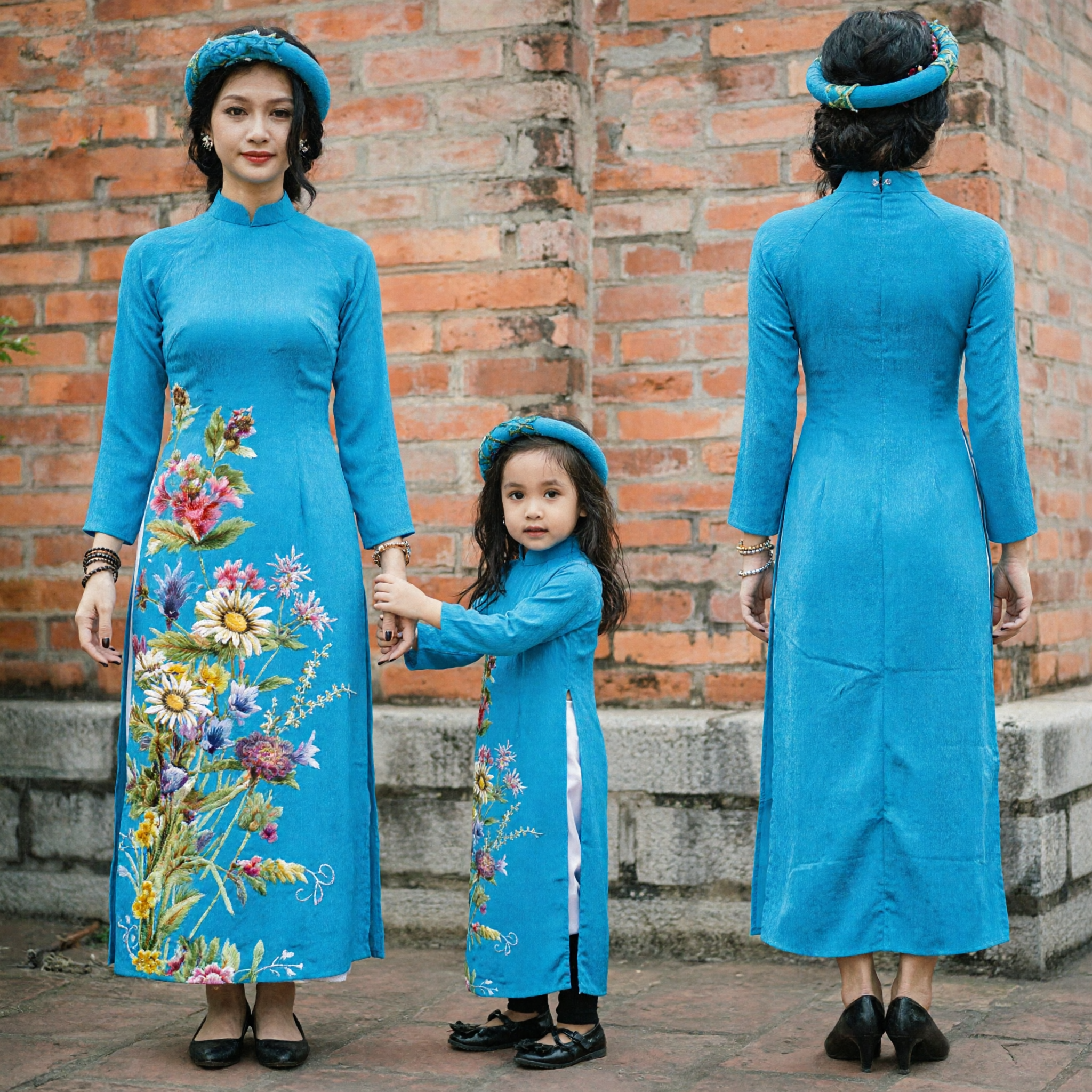 Elegant Blue Floral Vietnamese Ao Dai Mother Daughter Matching Traditional Dress for Wedding and Tet Holiday - Asian Costume