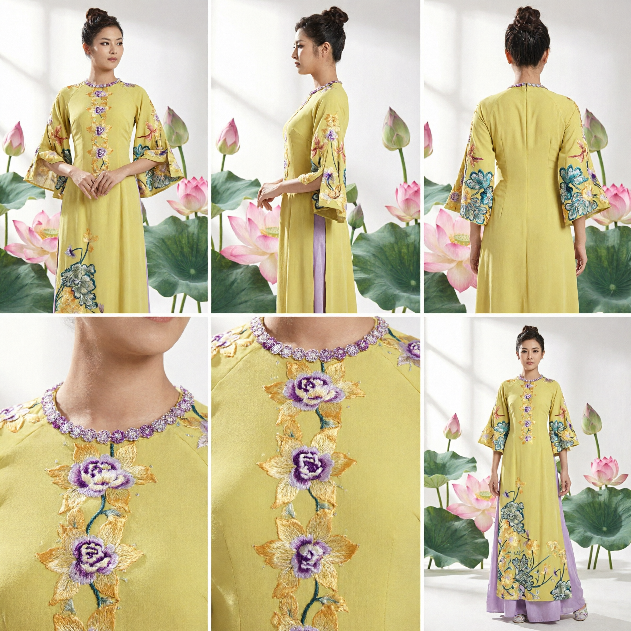 Elegant Yellow Chinese Traditional Long Dress with Lotus Embroidery for Women Tea Ceremony Performance - Asian Costume