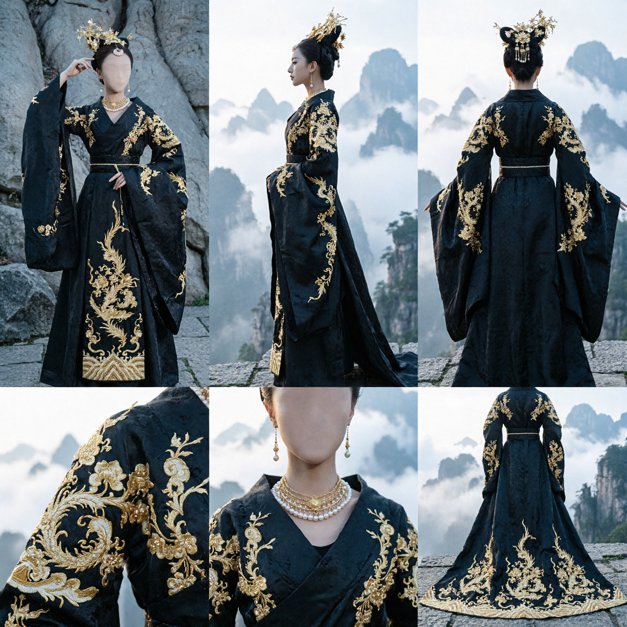 Ancient Chinese Black Hanfu Dress Women Historical Drama Princess Costume with Gold Embroidery - Asian Costume