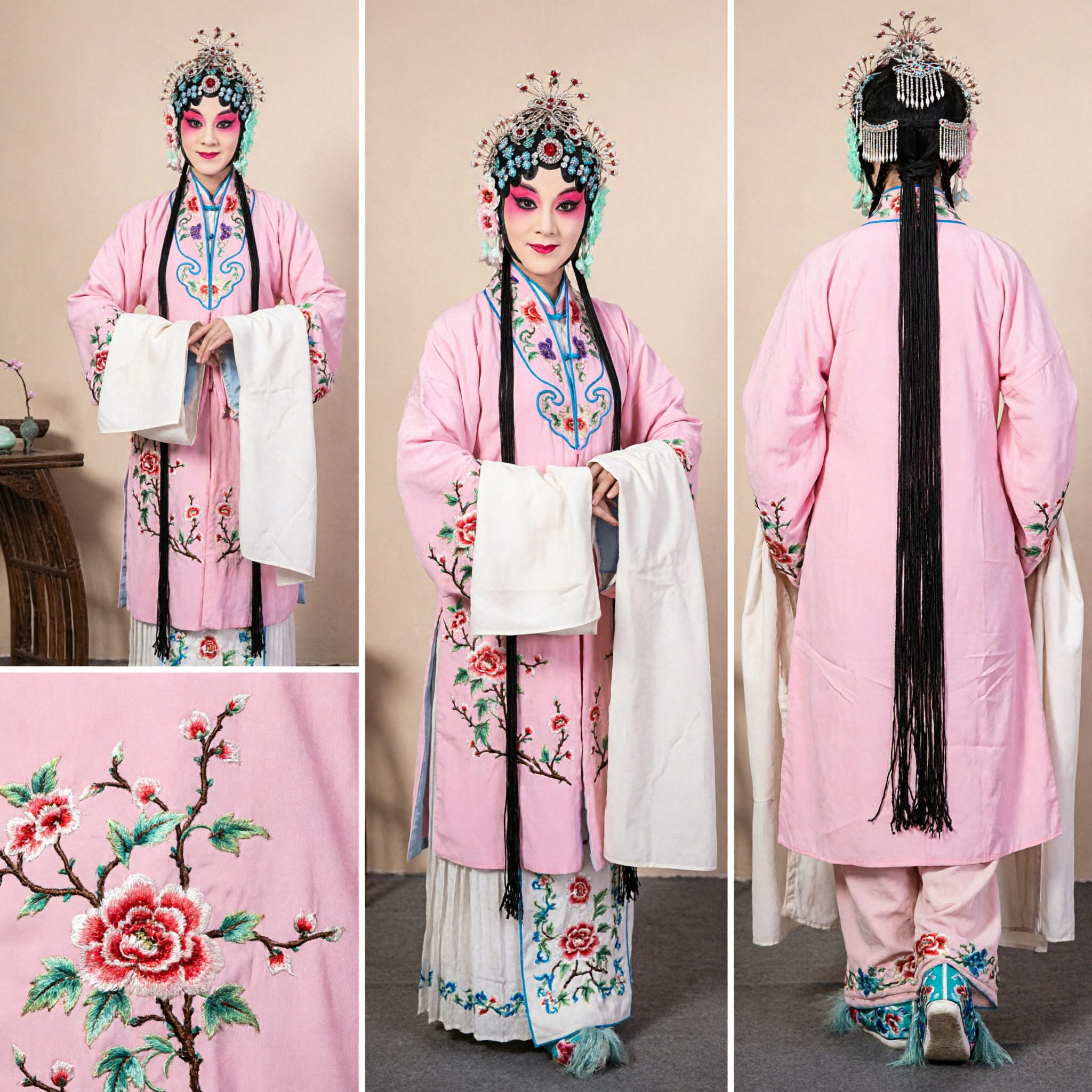 Traditional Chinese Peking Opera Costume for Women Pink Embroidered Robe Headdress and Props Complete Set - Asian Costume