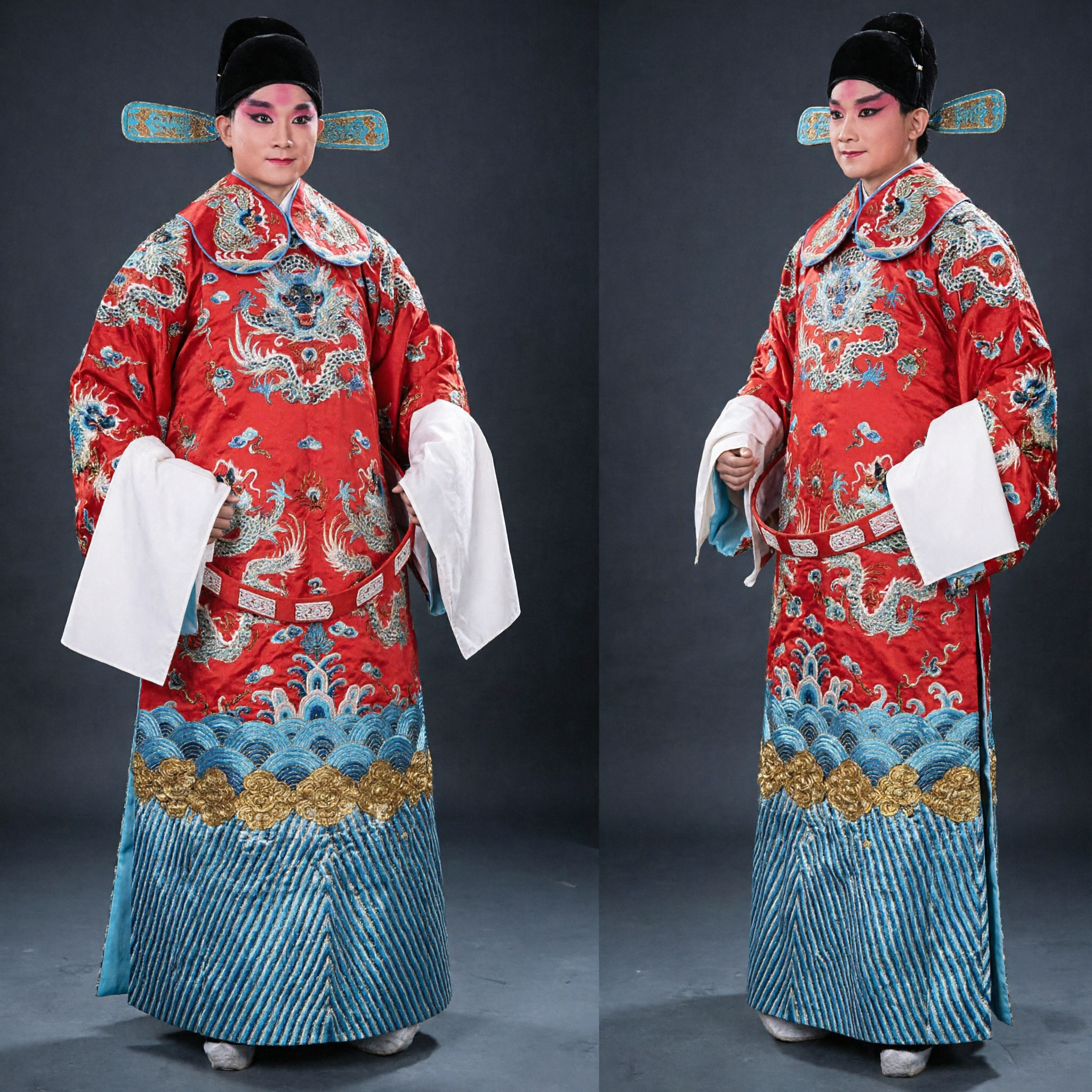 Traditional Chinese Peking Opera Costume Men Red Dragon Robe Ancient Official Scholar Clothing for Stage Performance - Asian Costume