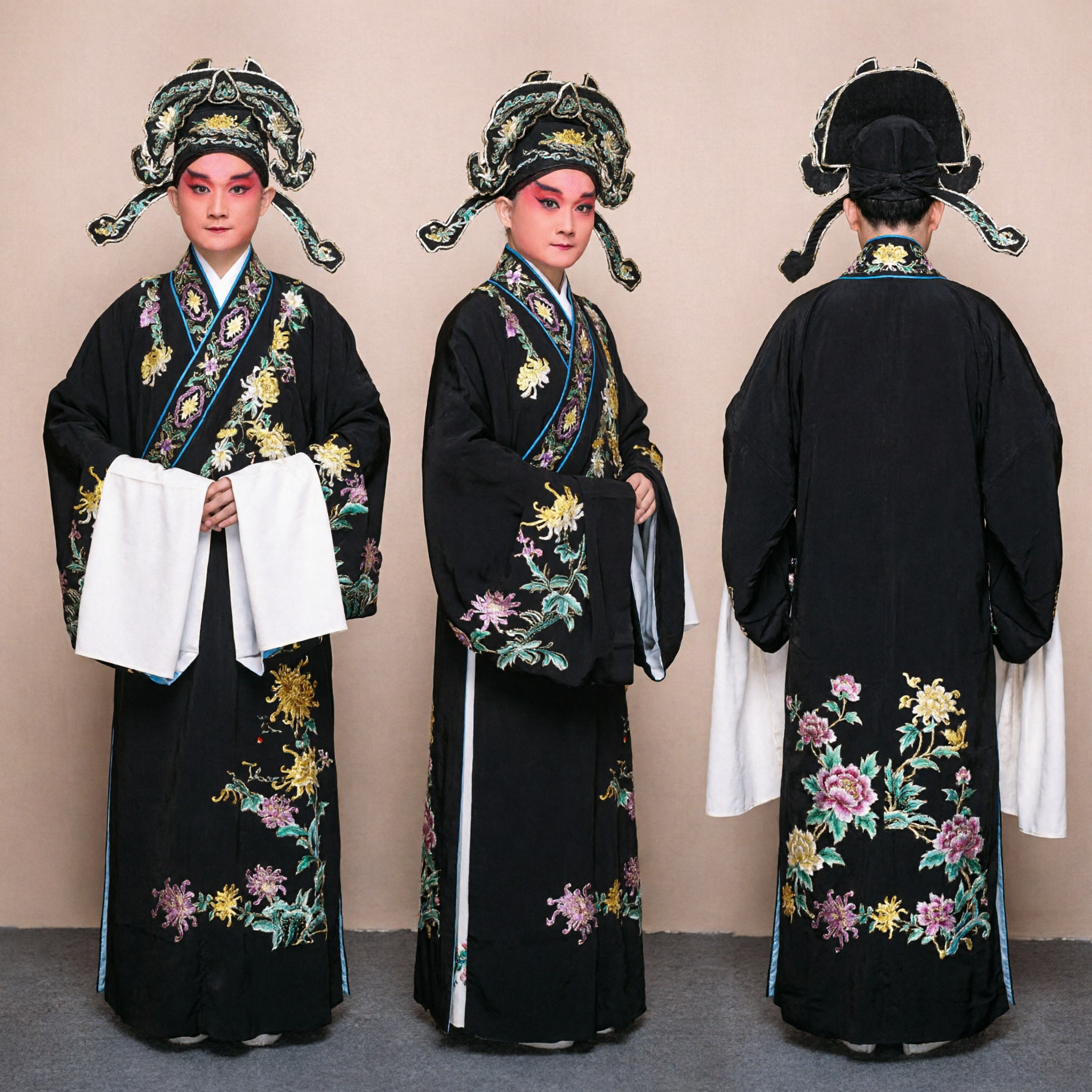Traditional Chinese Peking Opera Black Embroidered Scholar Robe and Hat Set for Men Performance - Asian Costume