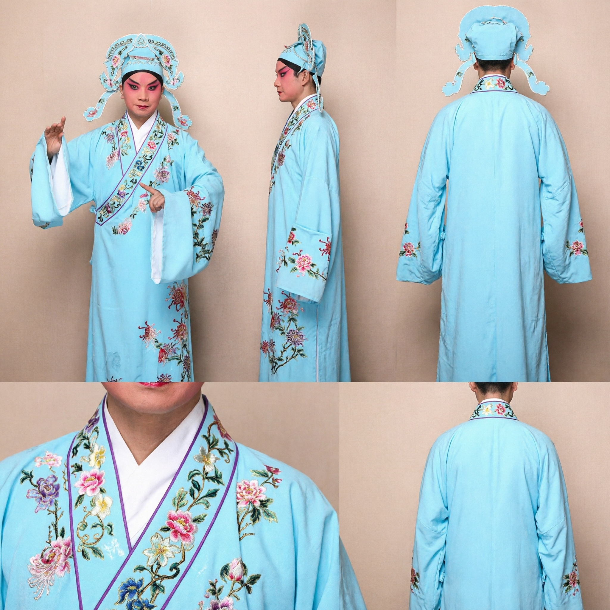 Chinese Traditional Peking Opera Costume Men Blue Embroidered Scholar Robe Ancient Stage Performance Wear - Asian Costume