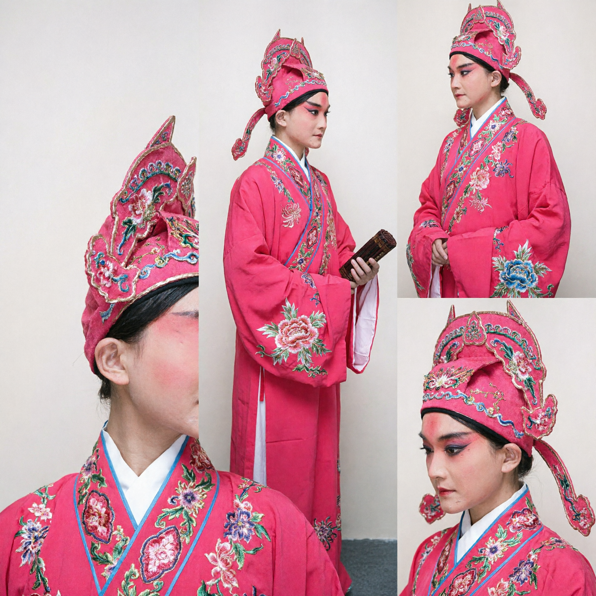 Traditional Chinese Peking Opera Scholar Costume Pink Embroidered Robe and Hat for Men Stage Performance - Asian Costume