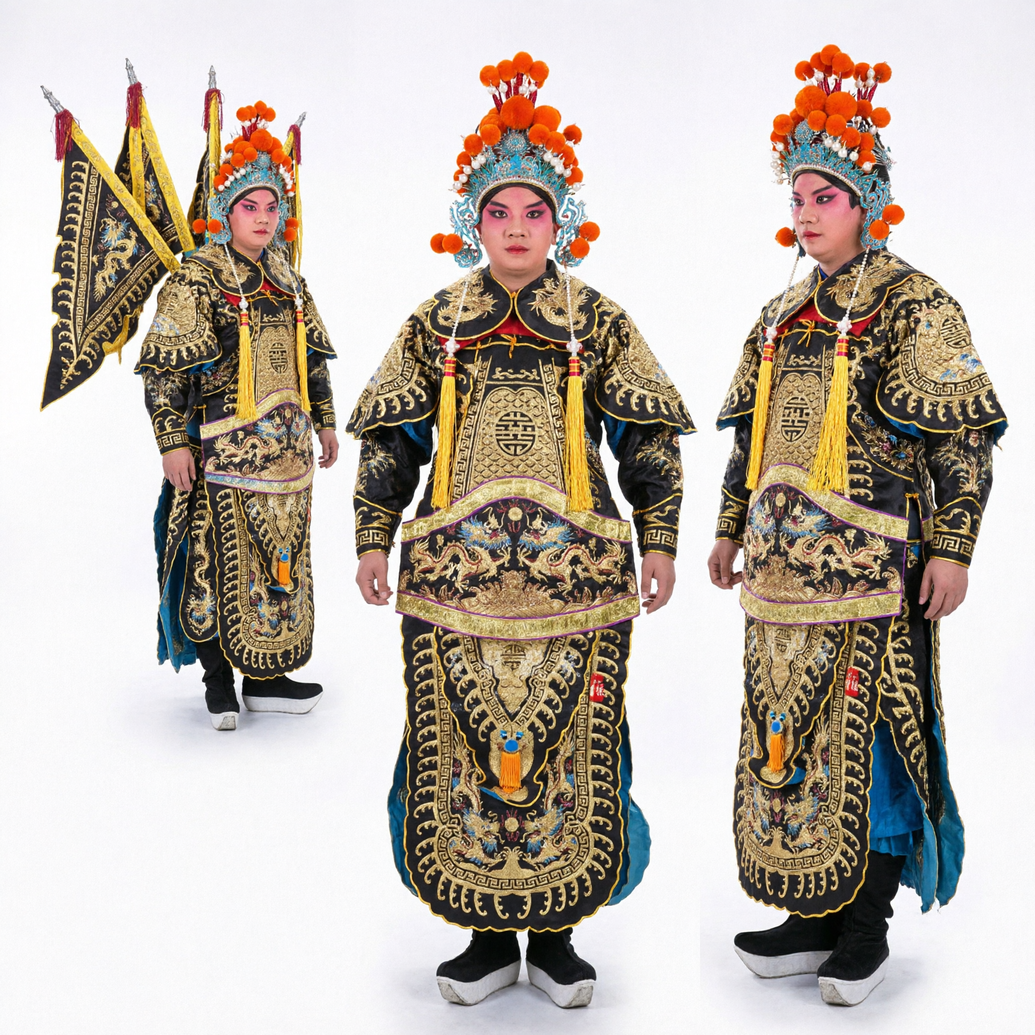 Traditional Chinese Peking Opera General Armor Costume Black Gold Dragon Embroidery with Flags for Adult Male Performer - Asian Costume