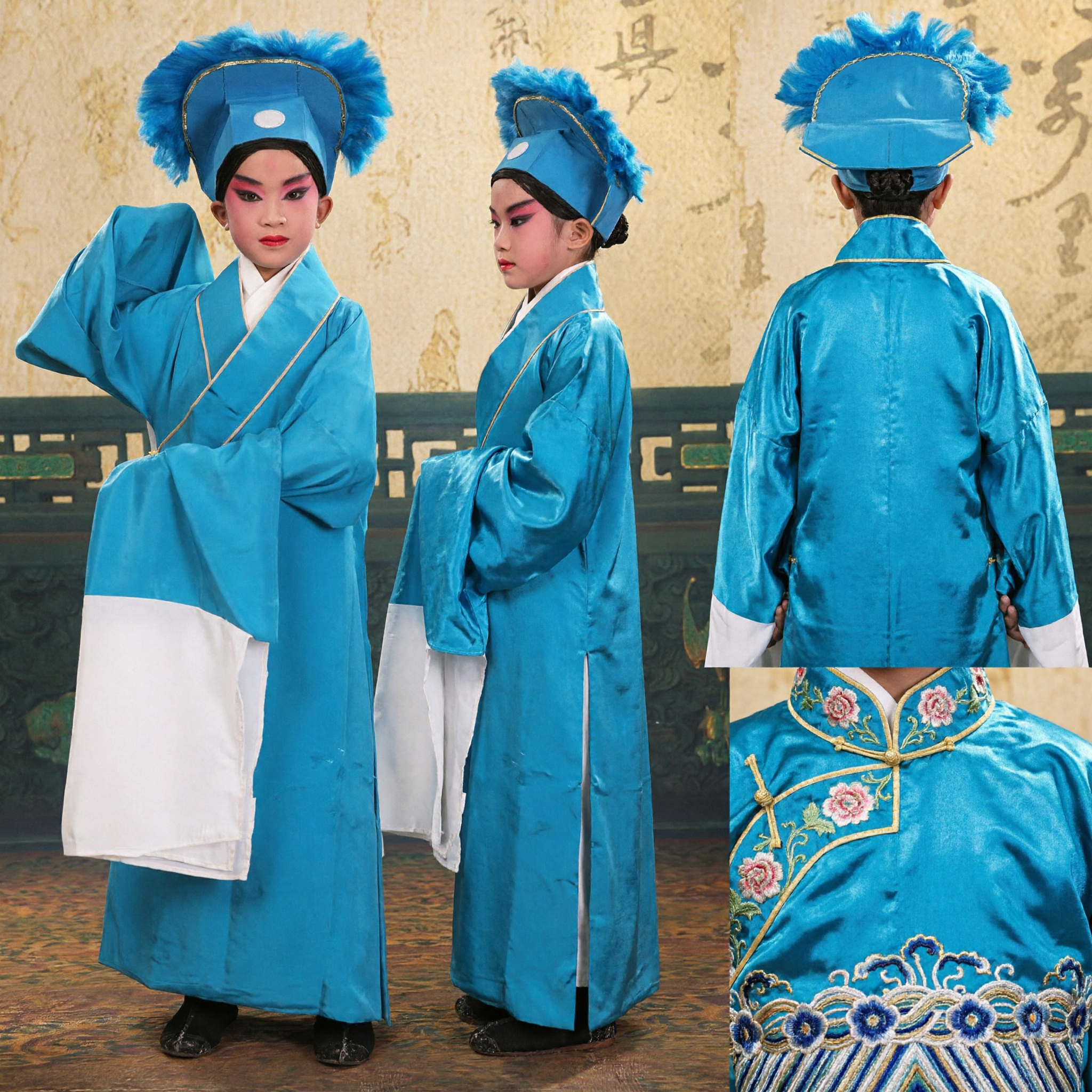 Kids Chinese Peking Opera Costume Blue Scholar Robe Traditional Stage Performance Outfit for Children - Asian Costume