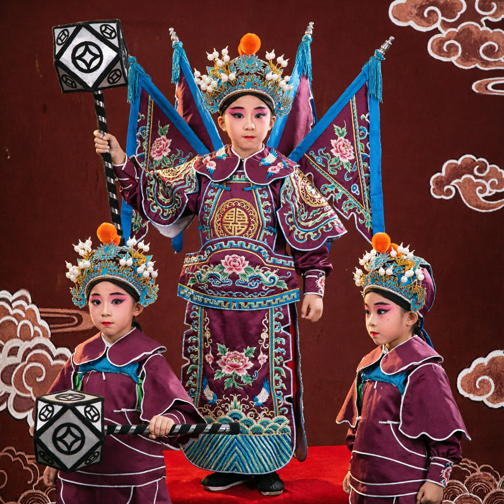 Kids Traditional Chinese Opera General Warrior Costume with Flags and Hammers for Stage Performance - Asian Costume
