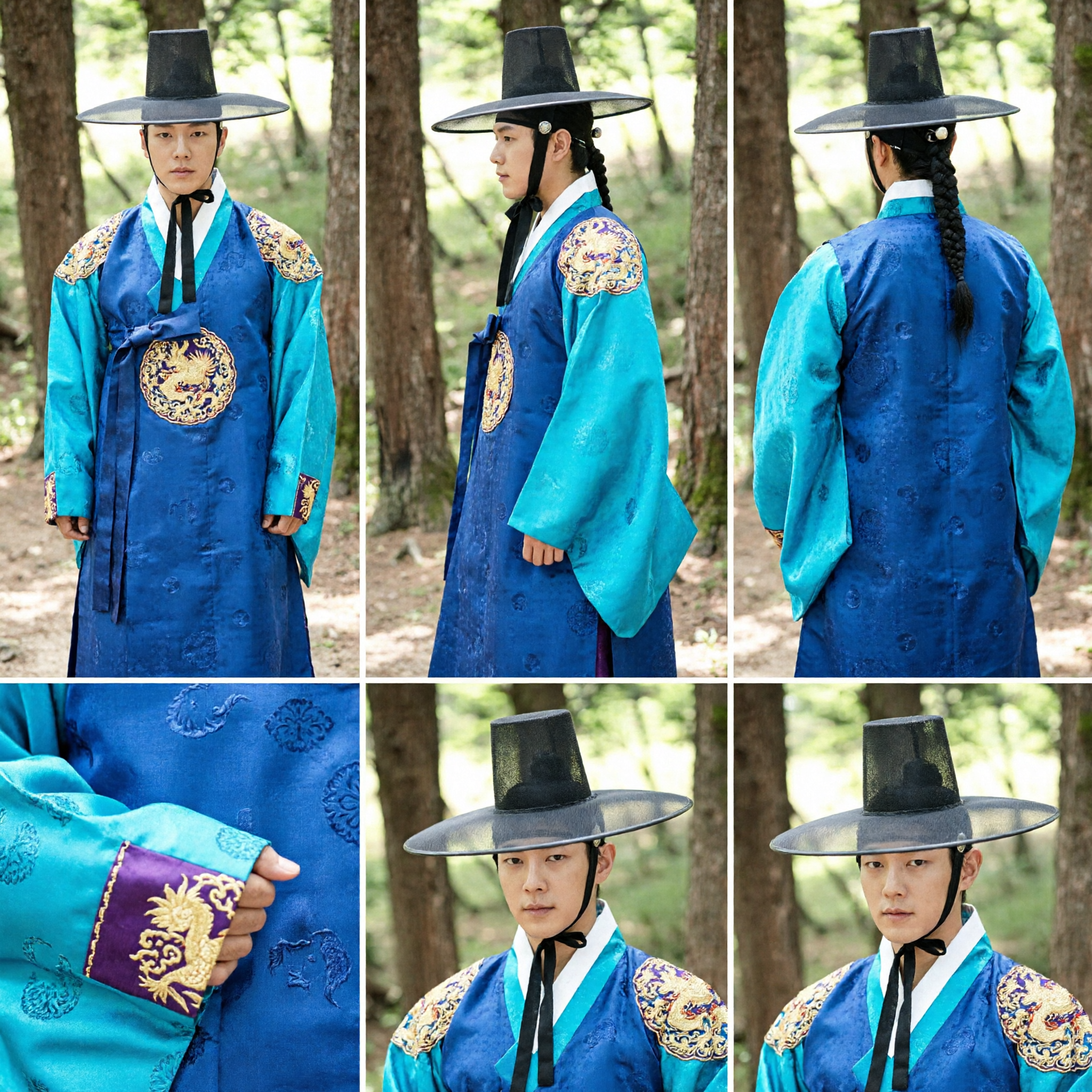Men's Royal Blue Korean Hanbok Costume Set with Traditional Black Gat Hat for Cosplay and Historical Performances - Asian Costume
