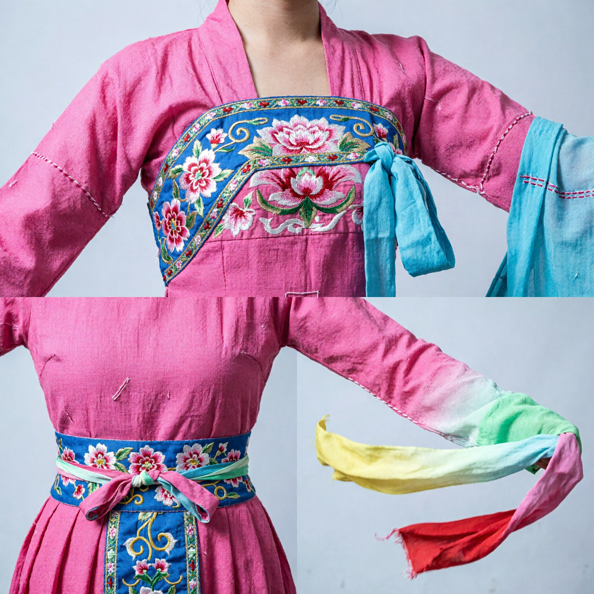 Vibrant Pink Chinese Ribbon Dance Costume with Long Multi-Color Silk Water Sleeves for Folk Performance - Asian Costume