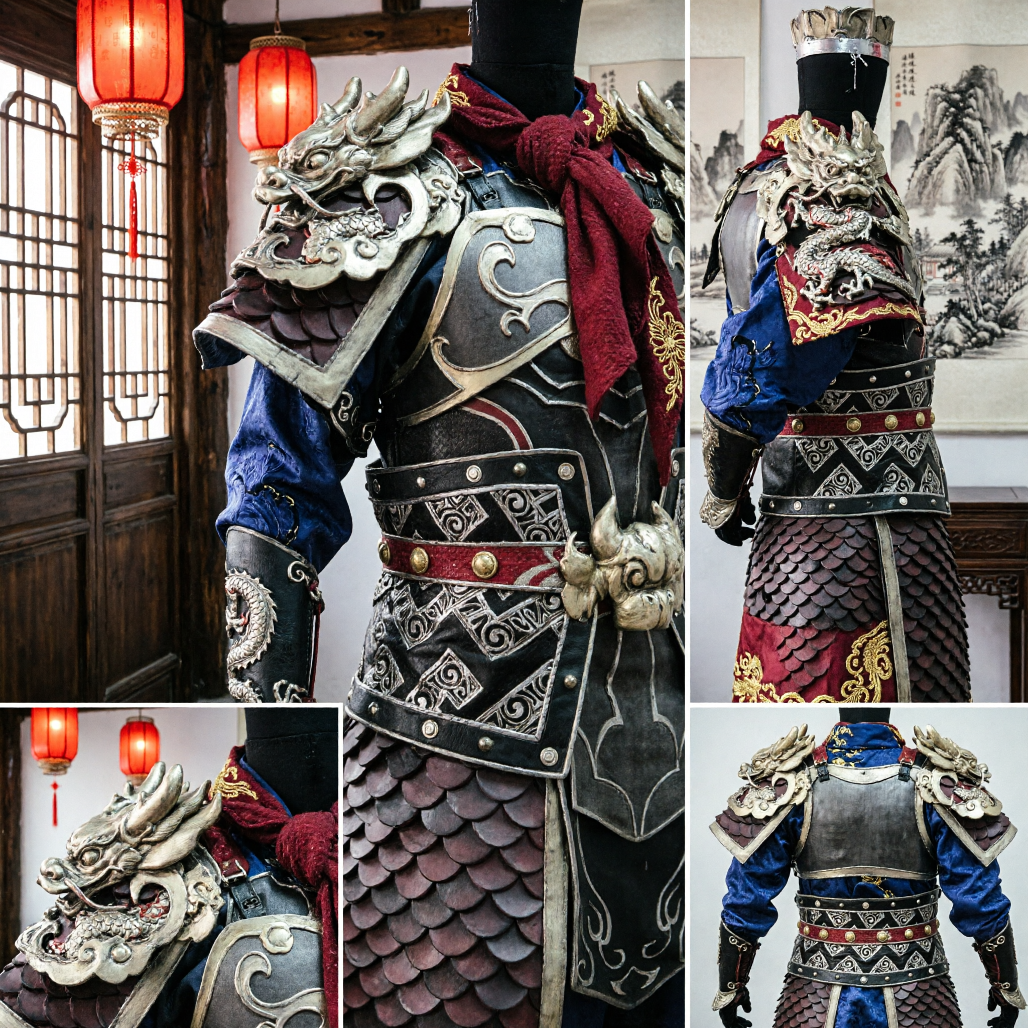 Ancient Chinese General Black Armor Costume for Men Cosplay LARP Wuxia Warrior Outfit with Dragon Details - Asian Costume