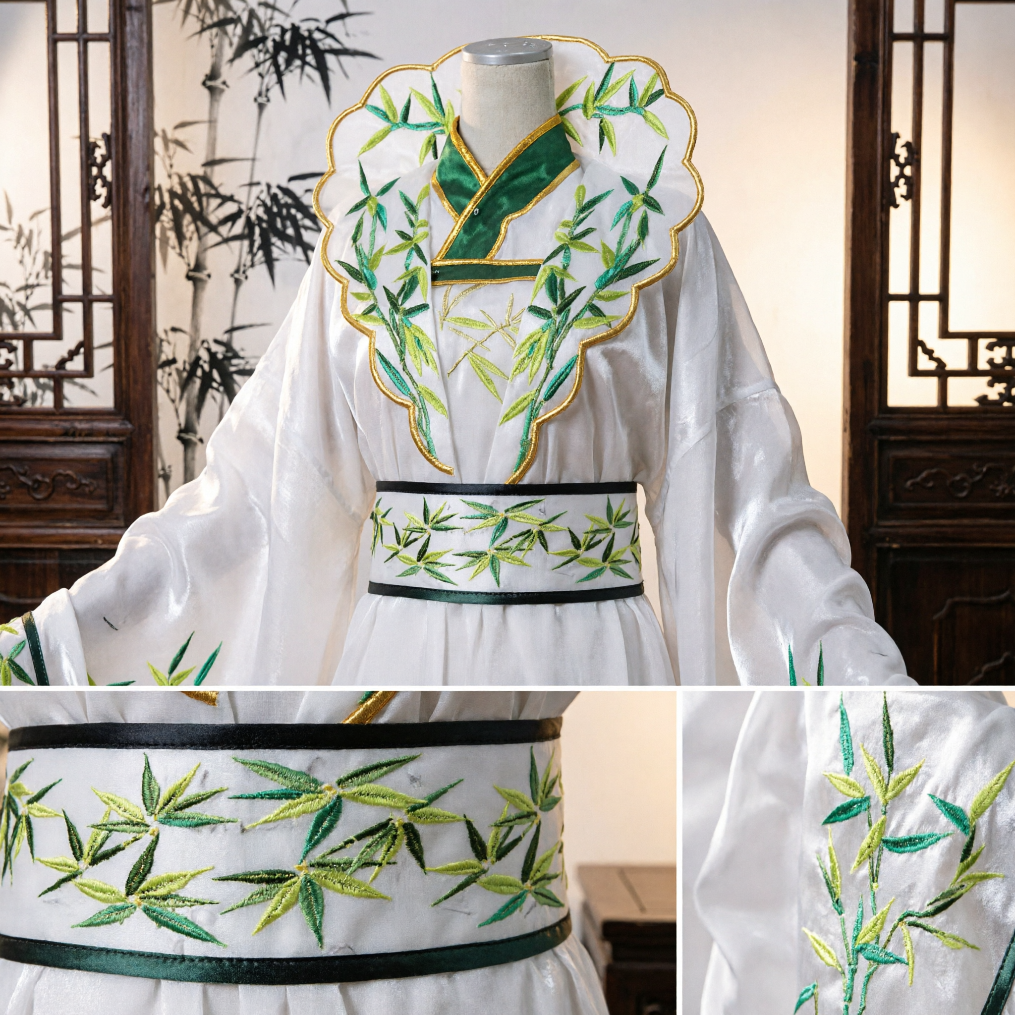 Elegant White Traditional Chinese Hanfu Dress with Green Bamboo Embroidery for Women's Dance Performance - Asian Costume