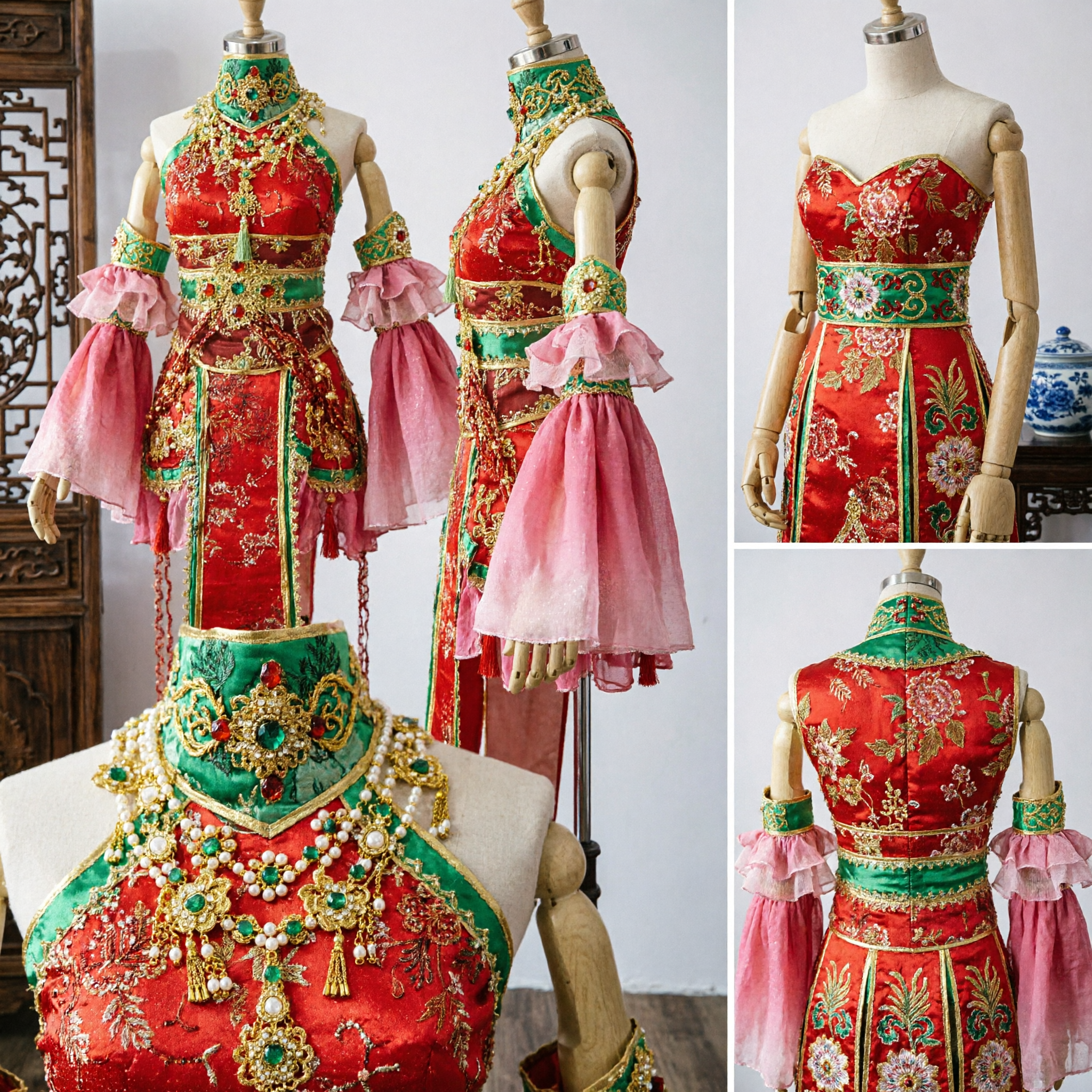 Traditional Chinese Beijing Opera Costume Red Embroidered Robe with Pink Water Sleeves for Female Stage Performance - Asian Costume