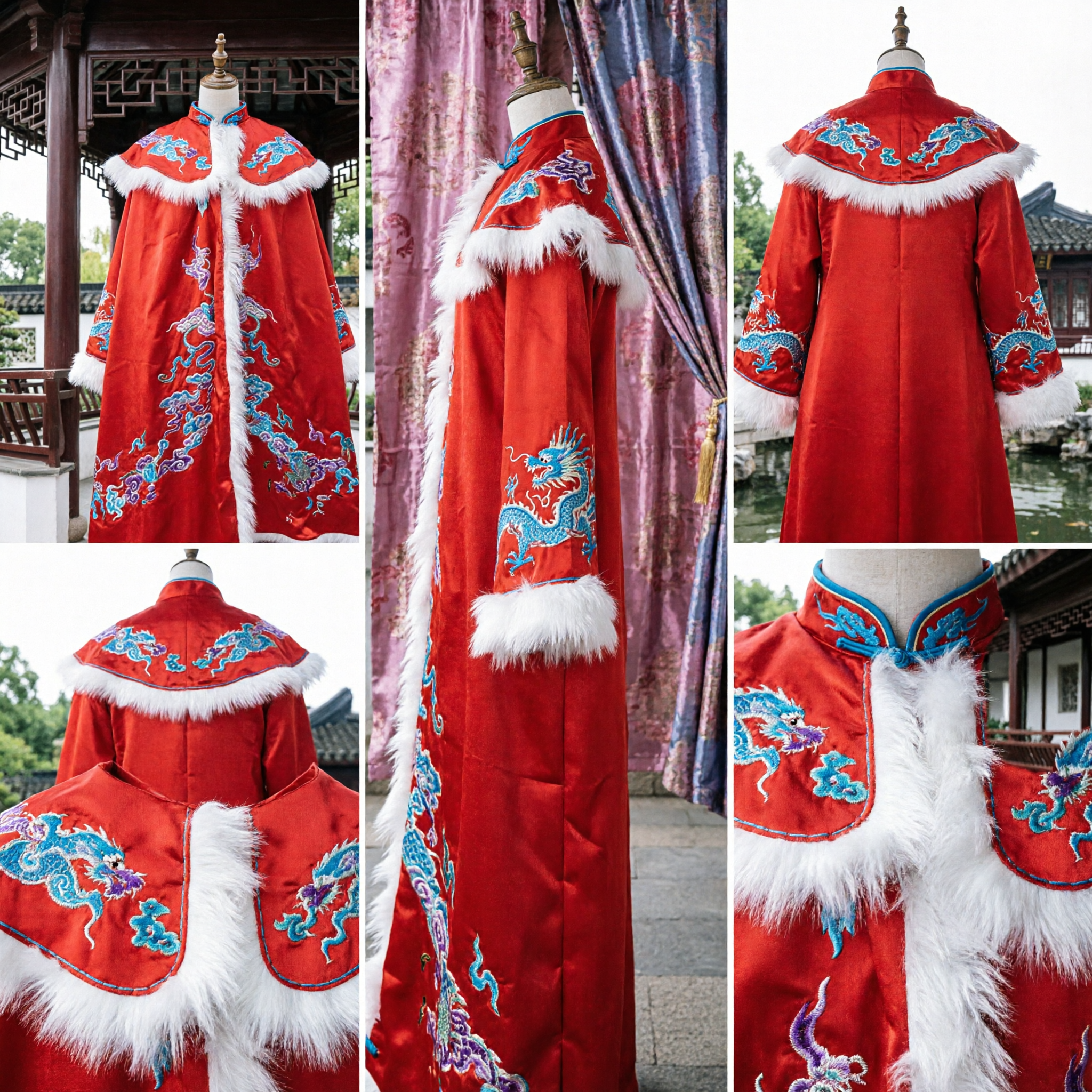 Traditional Chinese Red Bridal Cape Cloak with Dragon Embroidery and White Fur Trim Hanfu Costume - Asian Costume