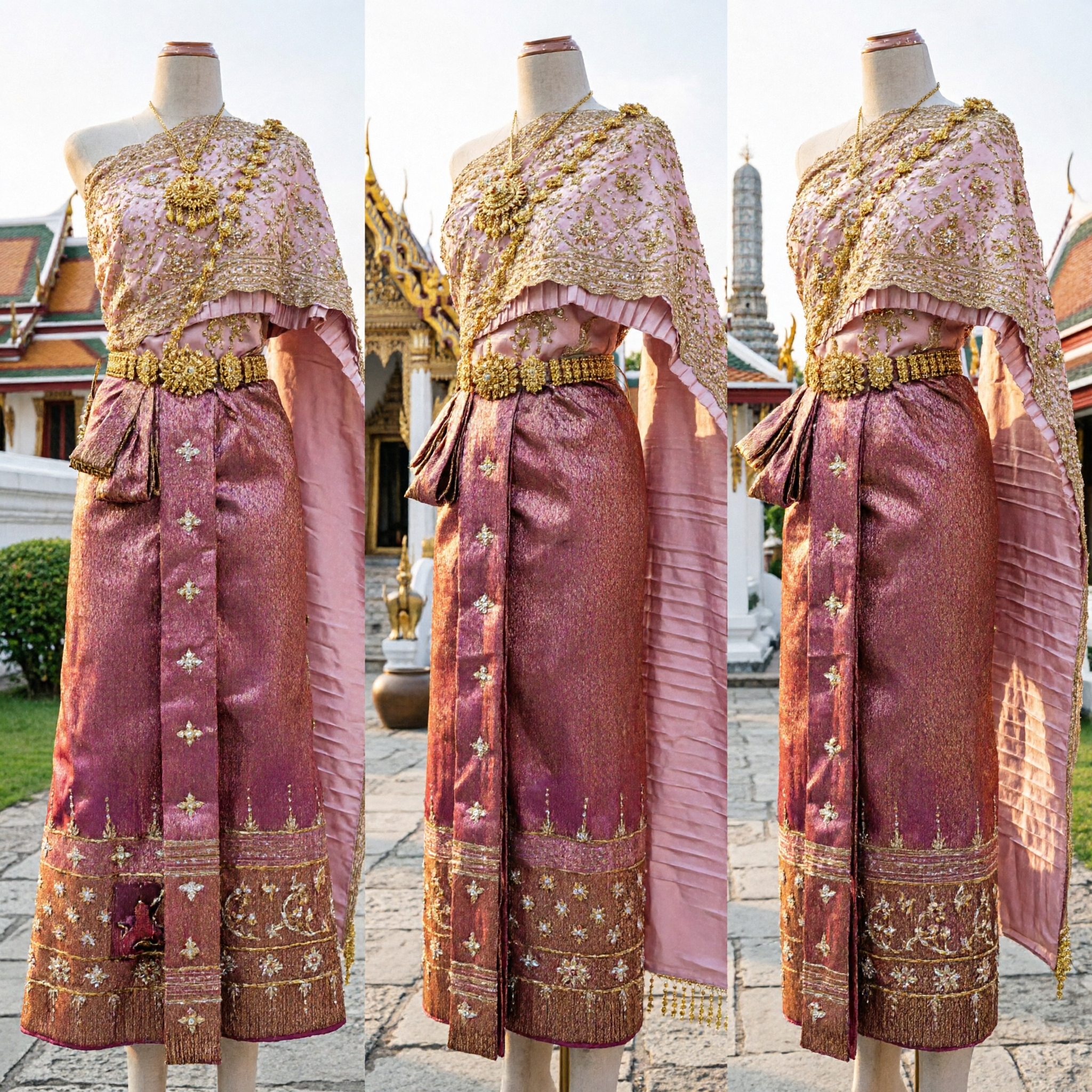 Women's Traditional Thai Dress Chut Thai Pink Gold Brocade Formal Costume for Wedding Dance - Asian Costume