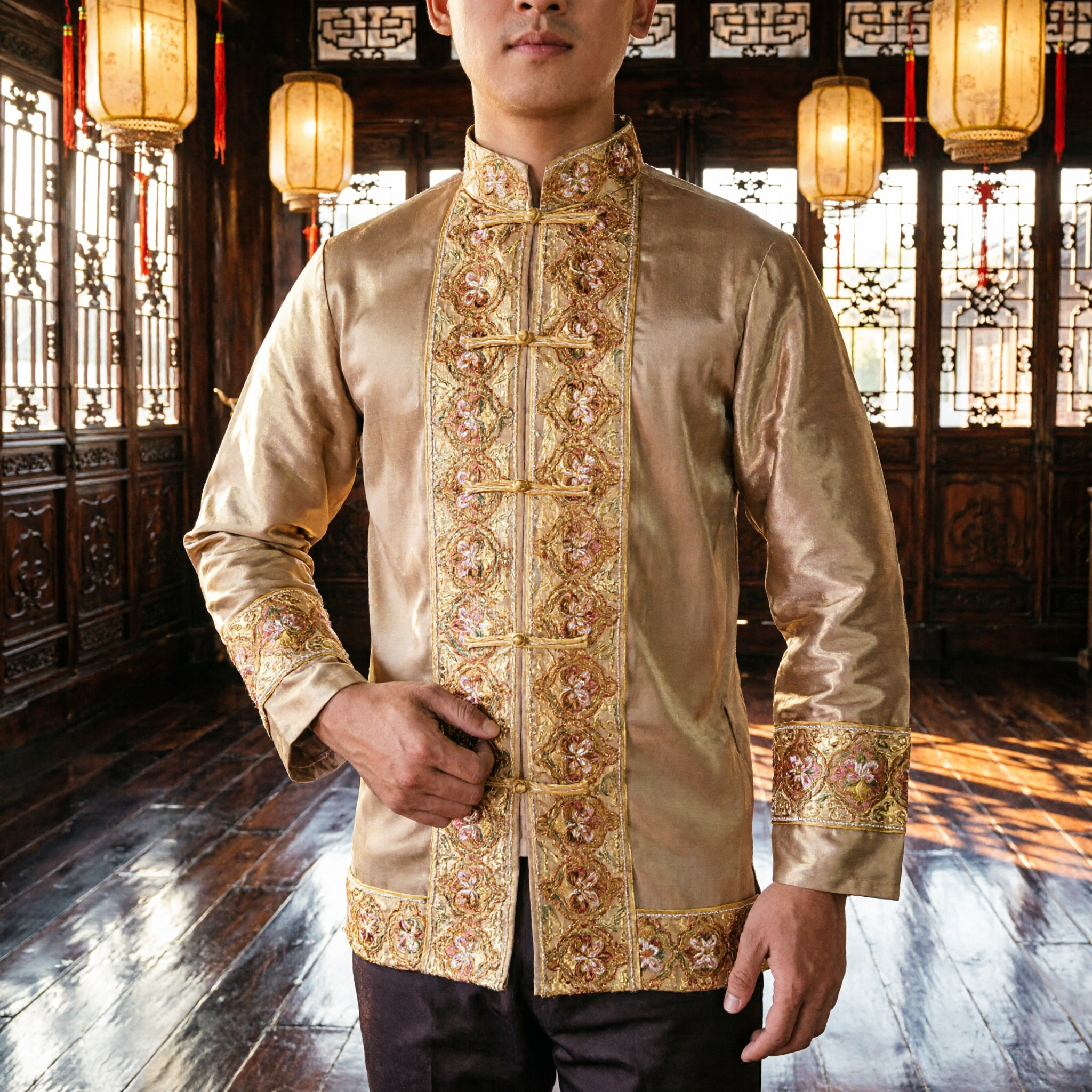 Men's Traditional Chinese Silk Tang Suit Gold Embroidered Kung Fu Tai Chi Performance Costume Top - Asian Costume