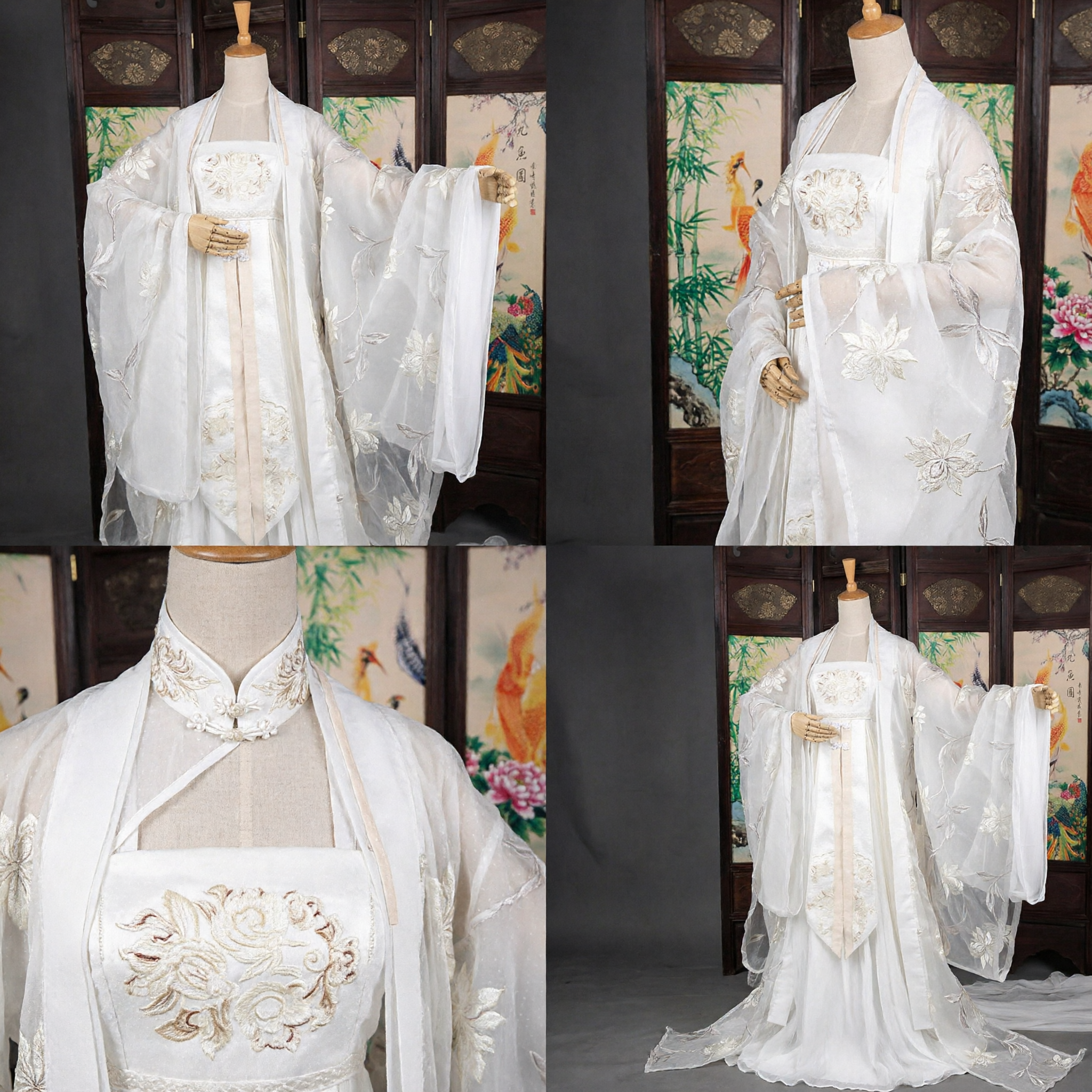 Traditional Chinese Hanfu White Embroidered Wide Sleeve Fairy Dress Ancient Costume for Women Photography - Asian Costume