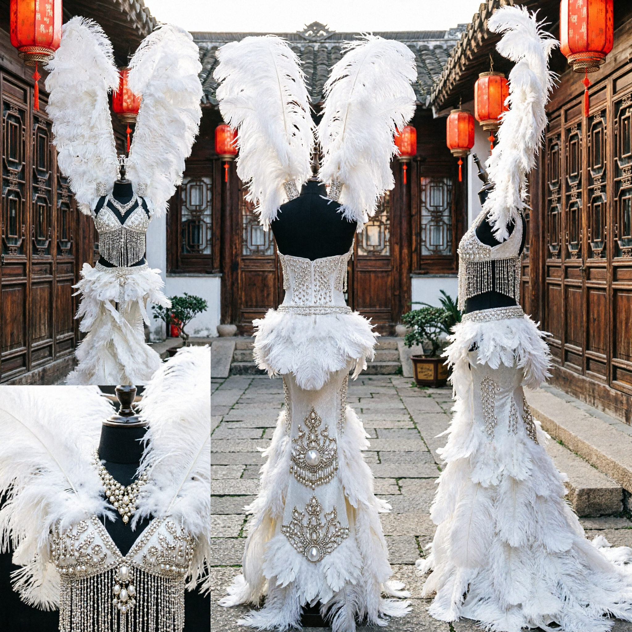 Professional White Feather Showgirl Costume with Giant Wings and Beaded Bodysuit for Carnival Dance - Asian Costume