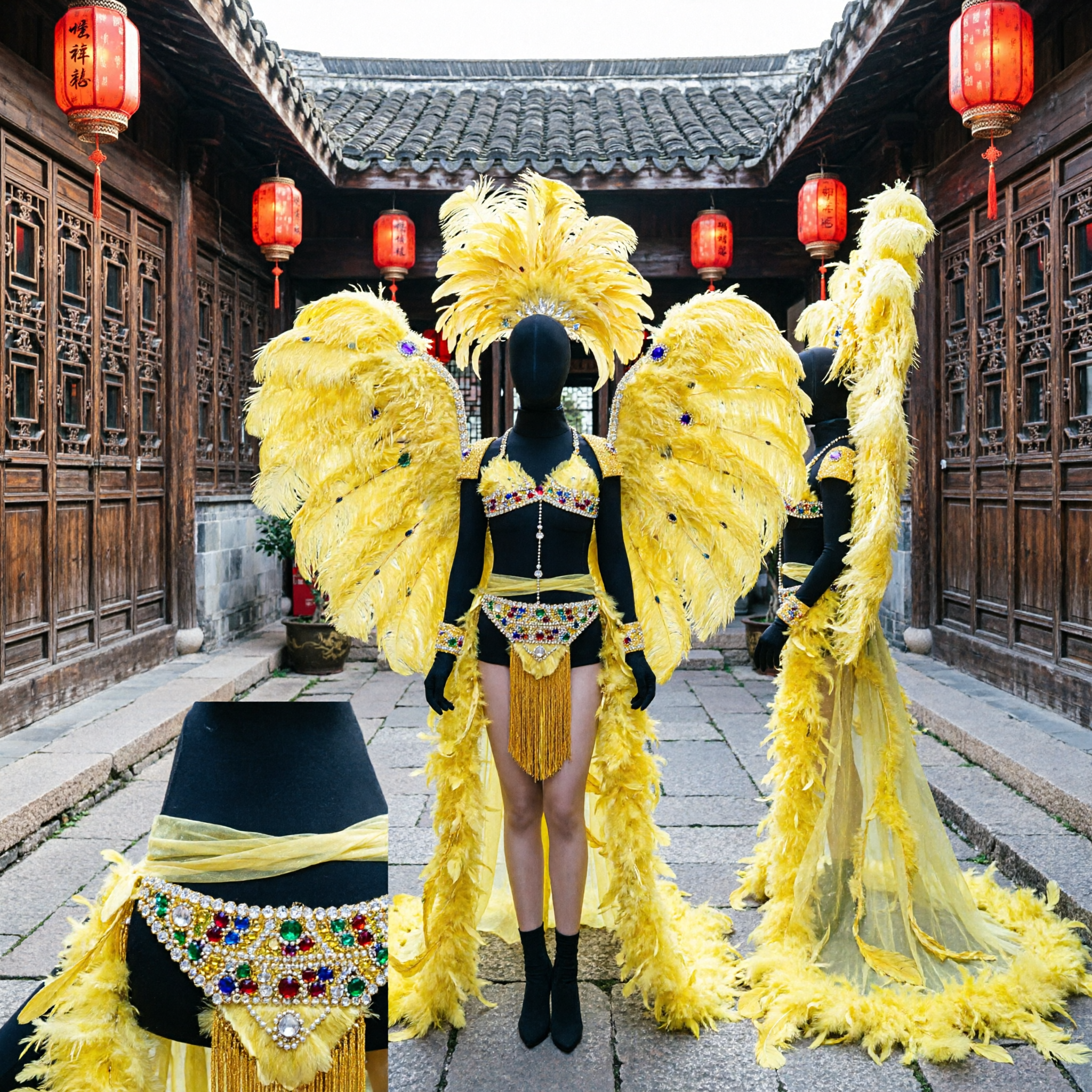 Vibrant Yellow Samba Carnival Costume with Large Feather Wings Headdress and Tail for Women Parade Performance - Asian Costume