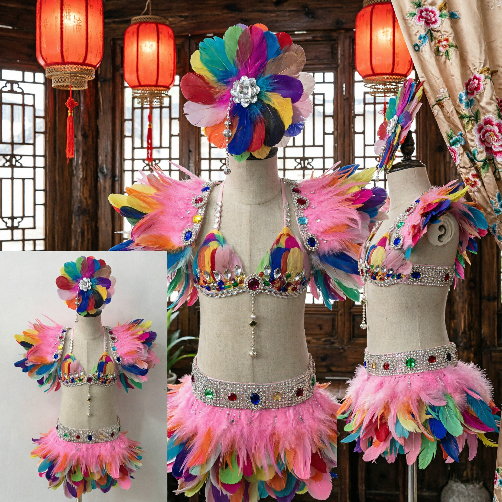 Vibrant Women's Samba Carnival Costume Set Rainbow Feather Bikini Top Skirt and Headpiece for Stage Dance Performance - Asian Costume