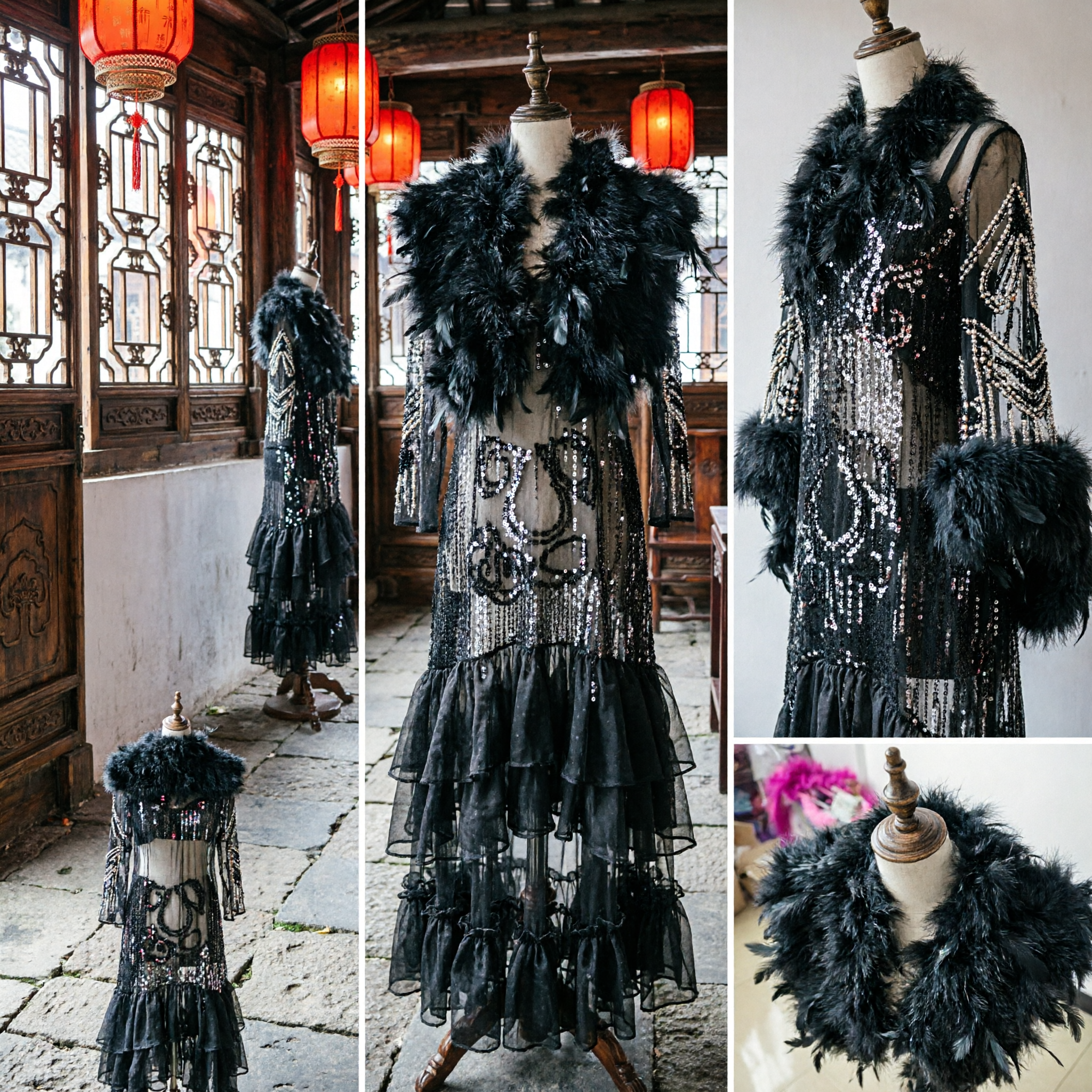 Black Feather Stage Performance Costume with Sequined Train Skirt for Women's Traditional Dance and Theater Shows - Asian Costume