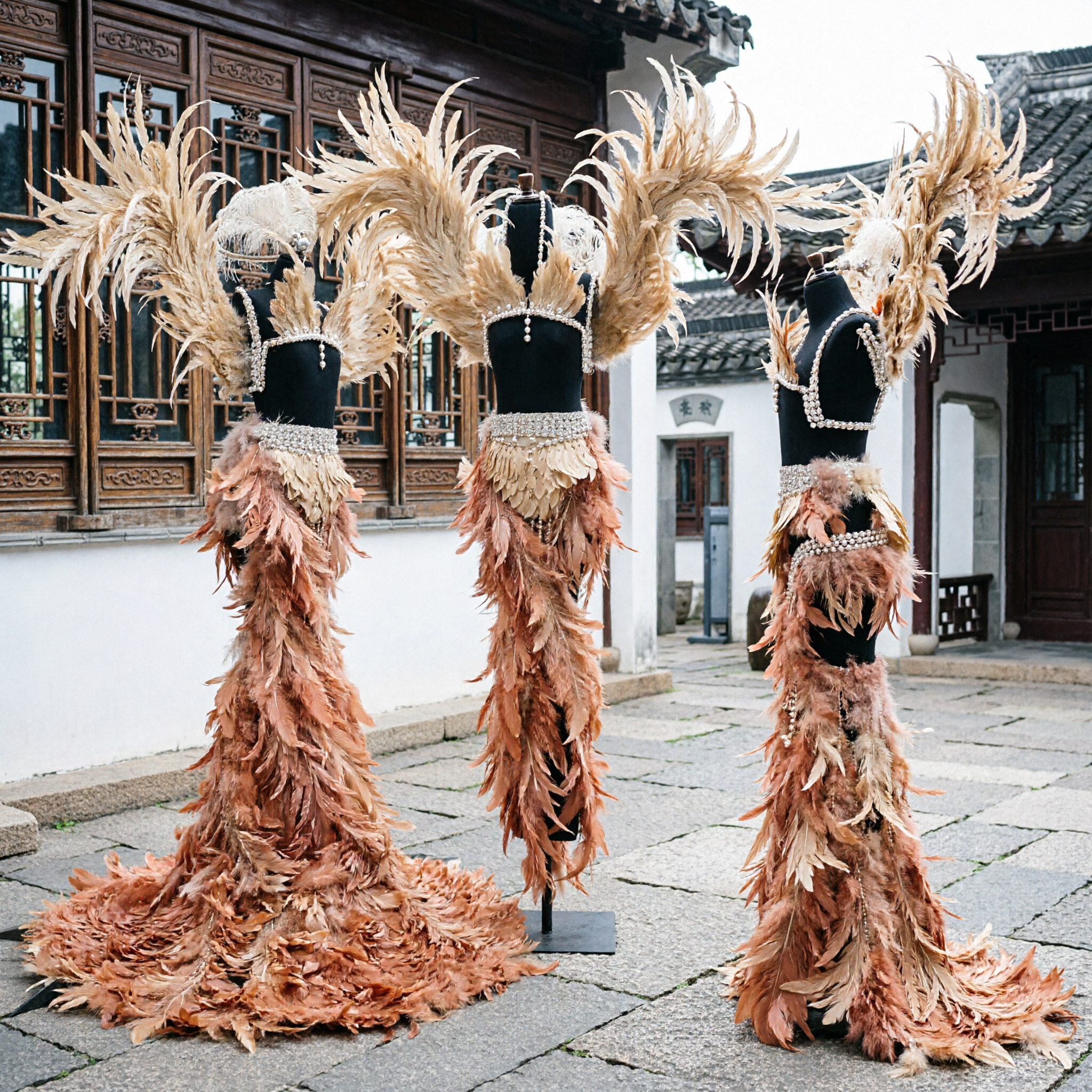 Women's Gold Feather Showgirl Costume with Large Wings and Skirt for Carnival Stage Performance - Asian Costume