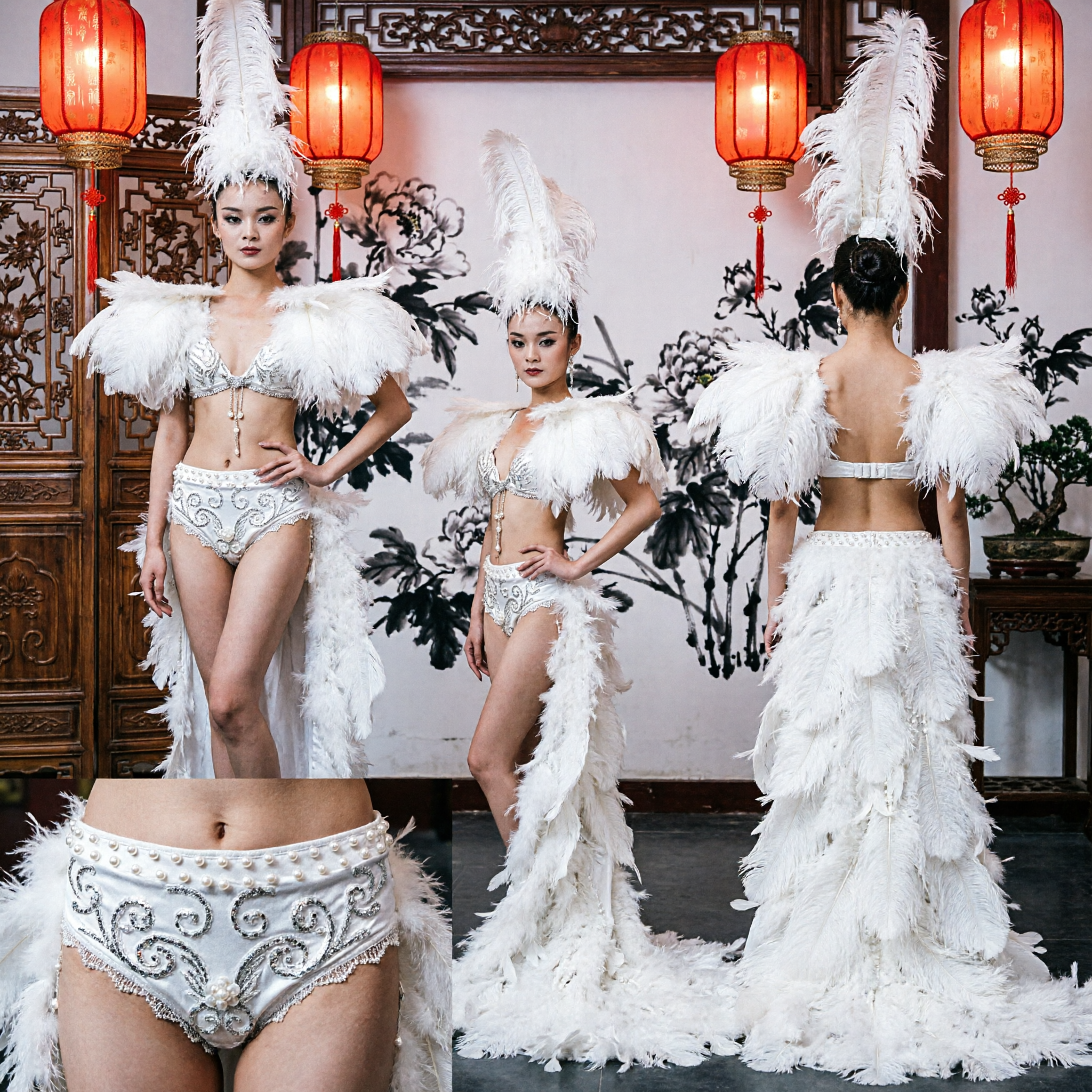 Women's White Feather Showgirl Costume with Headdress and Long Train for Stage Performance and Pageant - Asian Costume