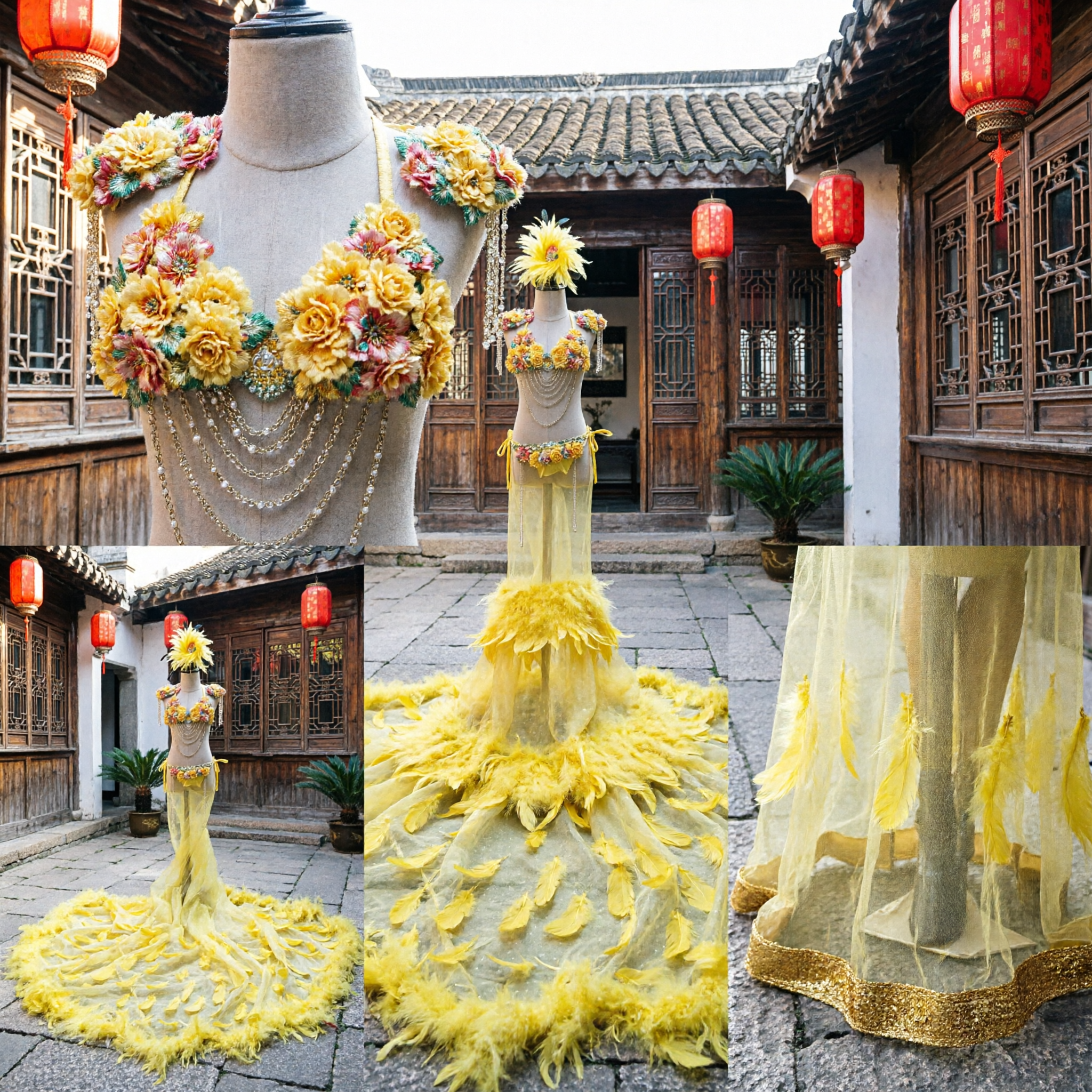 Women's Yellow Feather Carnival Costume Samba Dance Showgirl Outfit Brazilian Stage Performance Set with Headdress - Asian Costume