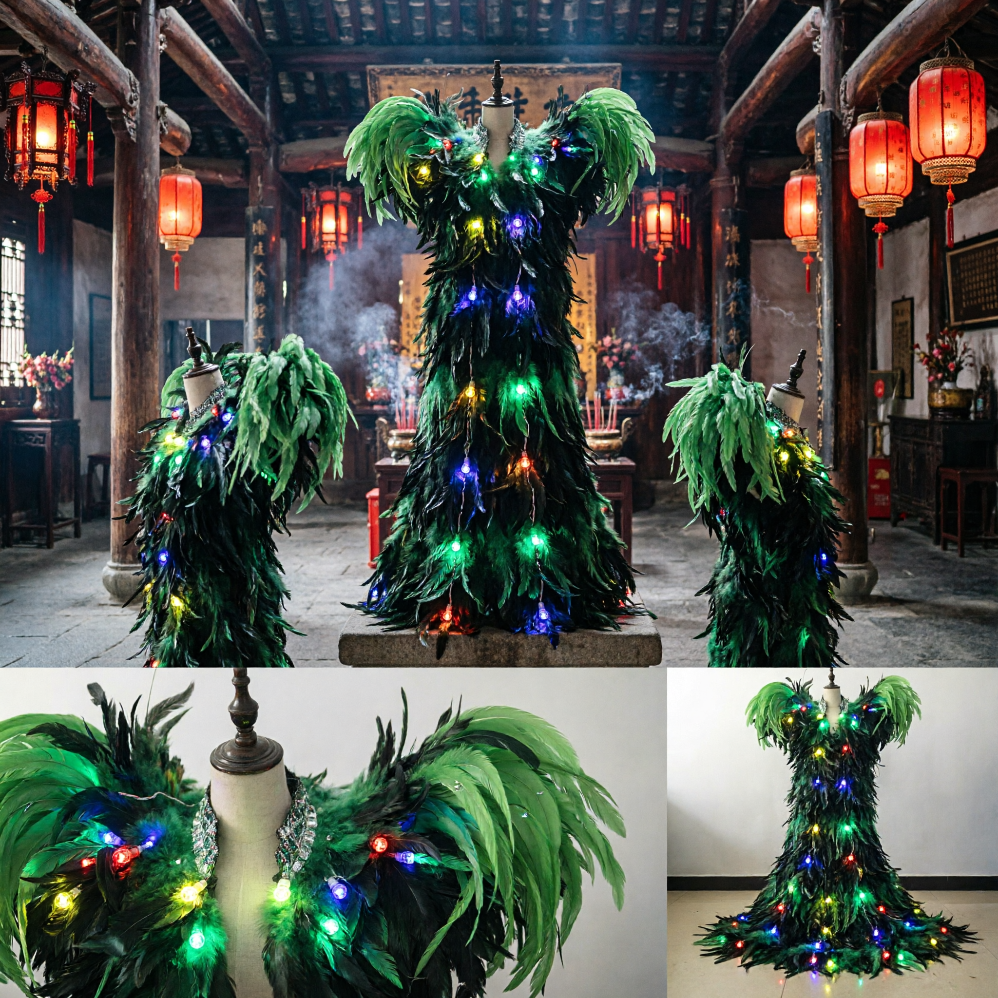 Unisex Green LED Light Up Feather Wing Jacket for Carnival Parade Stage Performance Costume - Asian Costume
