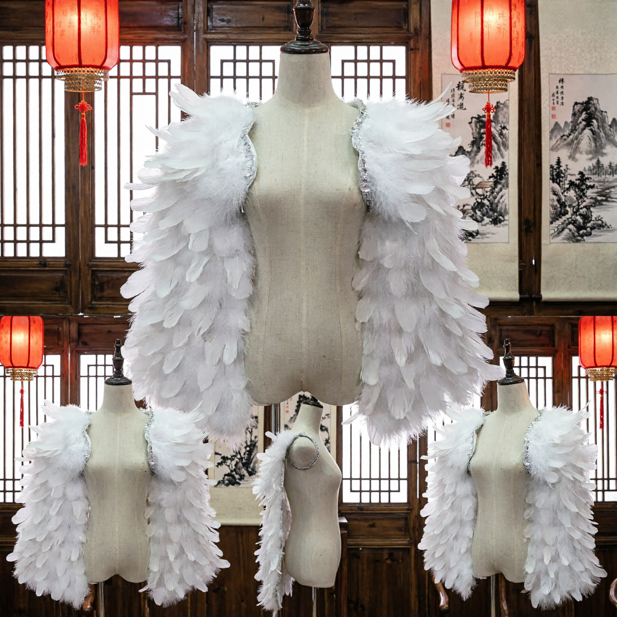 Elegant White Feather Angel Wings Bolero Shrug for Women Stage Performance Halloween Carnival Costume - Asian Costume