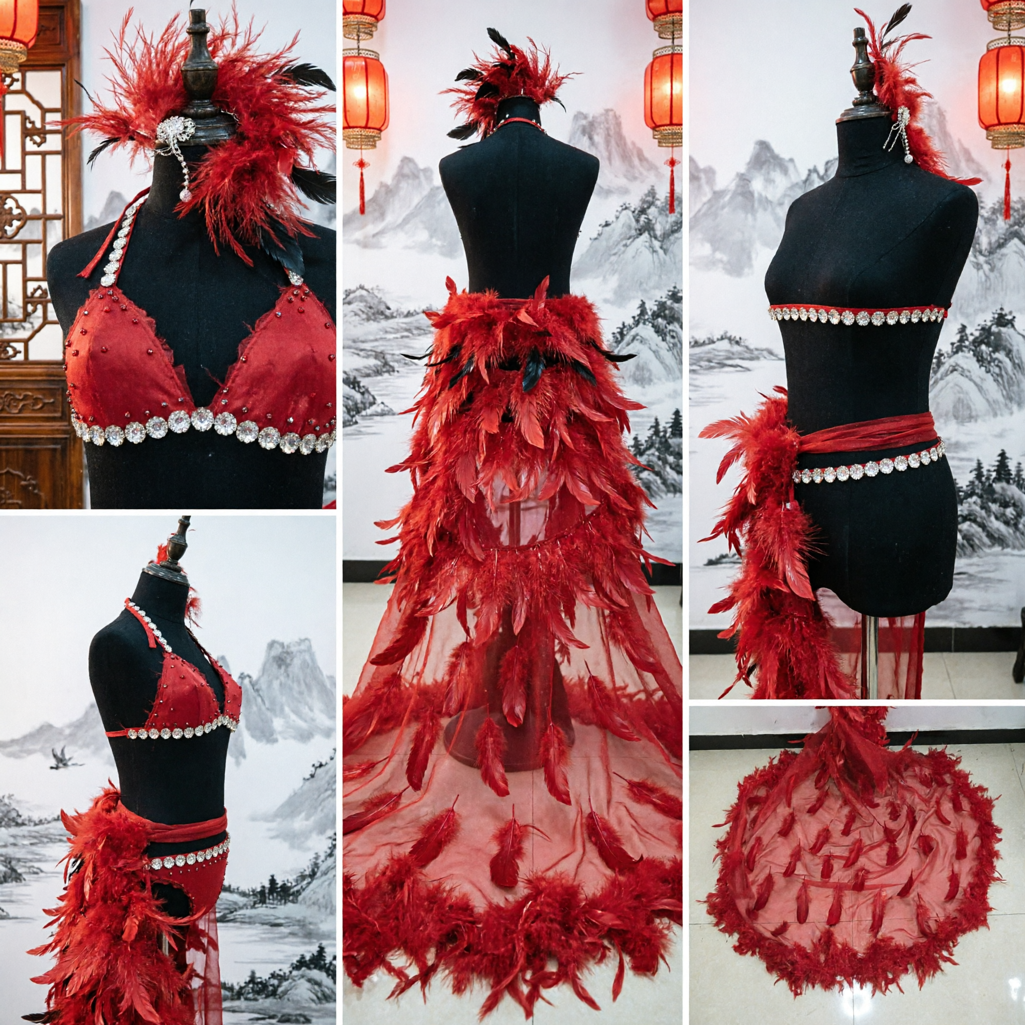 Women's Red Samba Carnival Showgirl Costume Set with Feather Headdress and Long Train for Stage Performance - Asian Costume