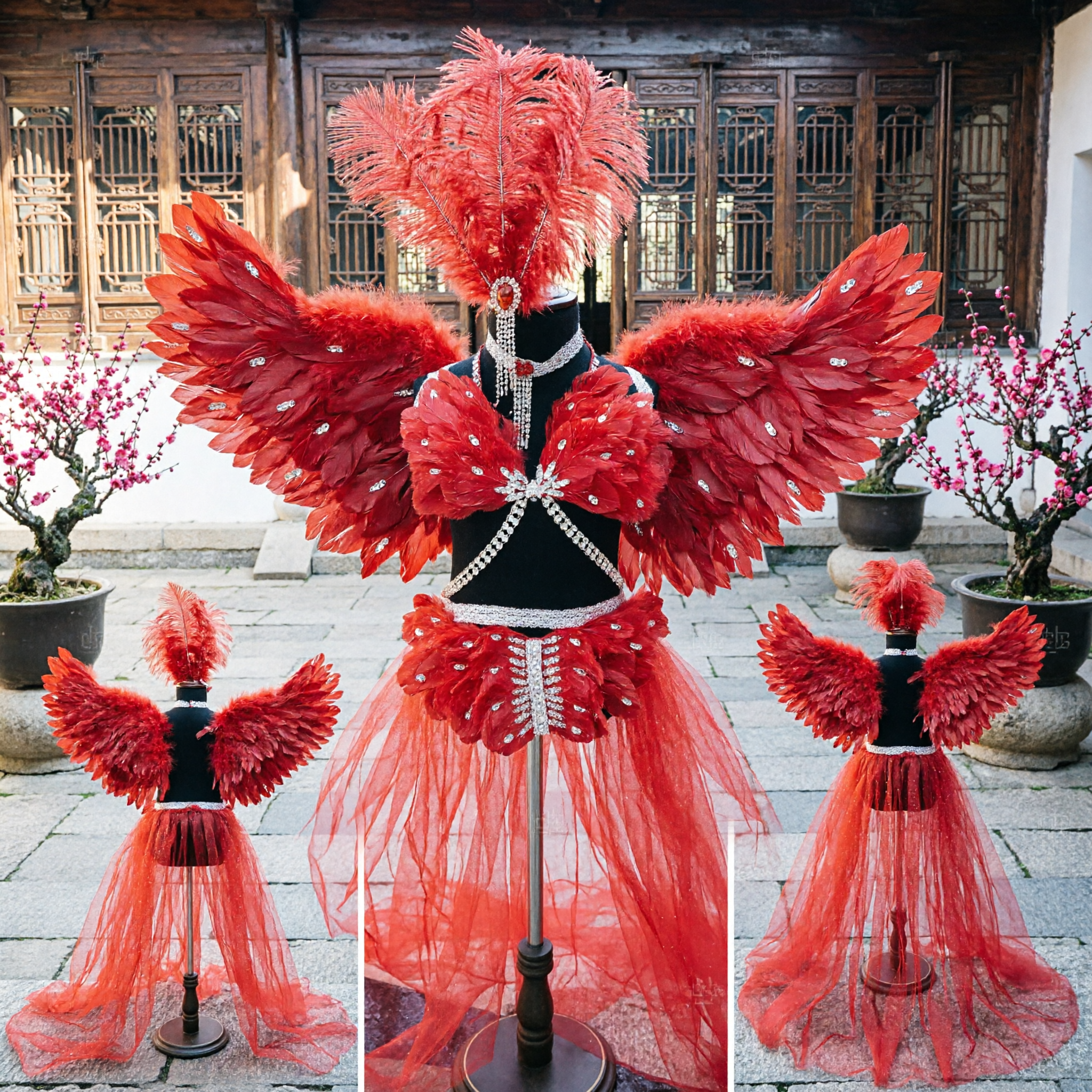 Women's Red Feather Showgirl Costume Set with Large Wings Headdress and Tulle Skirt for Carnival Dance Performance - Asian Costume