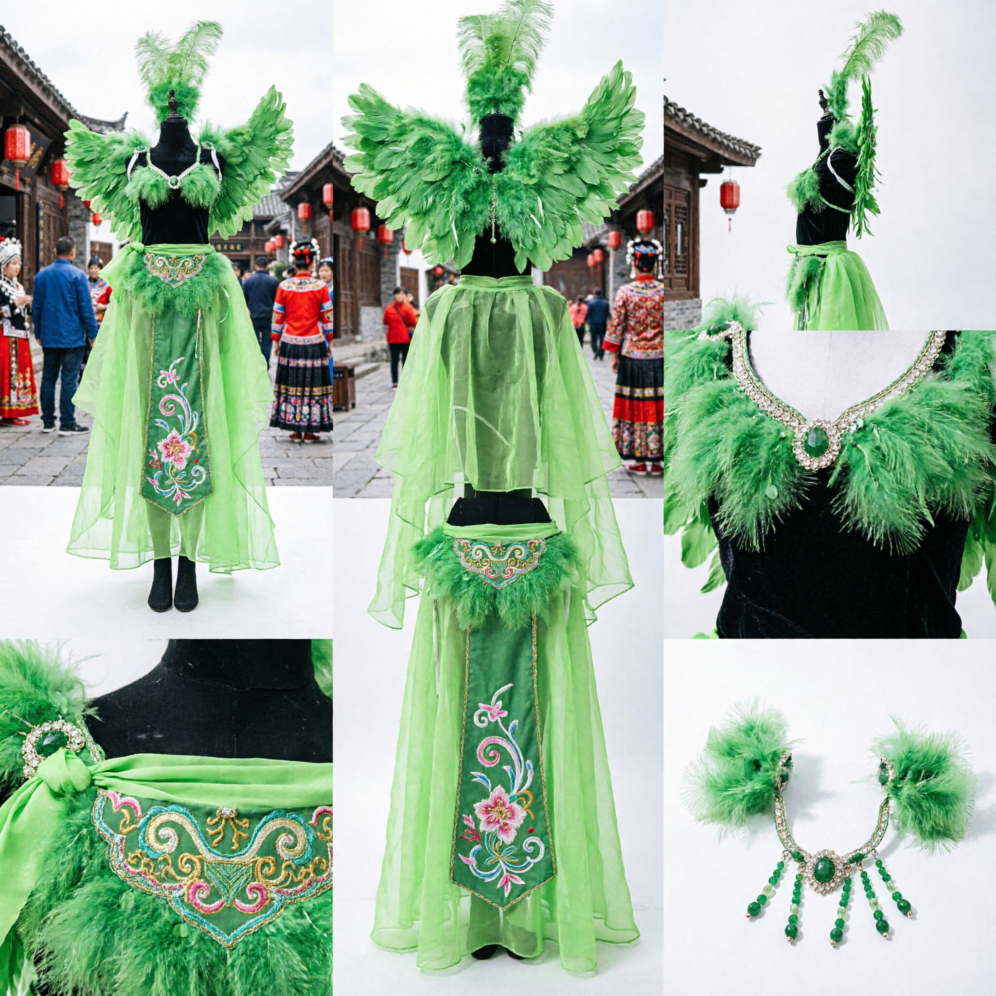 Women's Bright Green Samba Carnival Costume with Feather Wings and Long Tulle Skirt for Stage Performance - Asian Costume