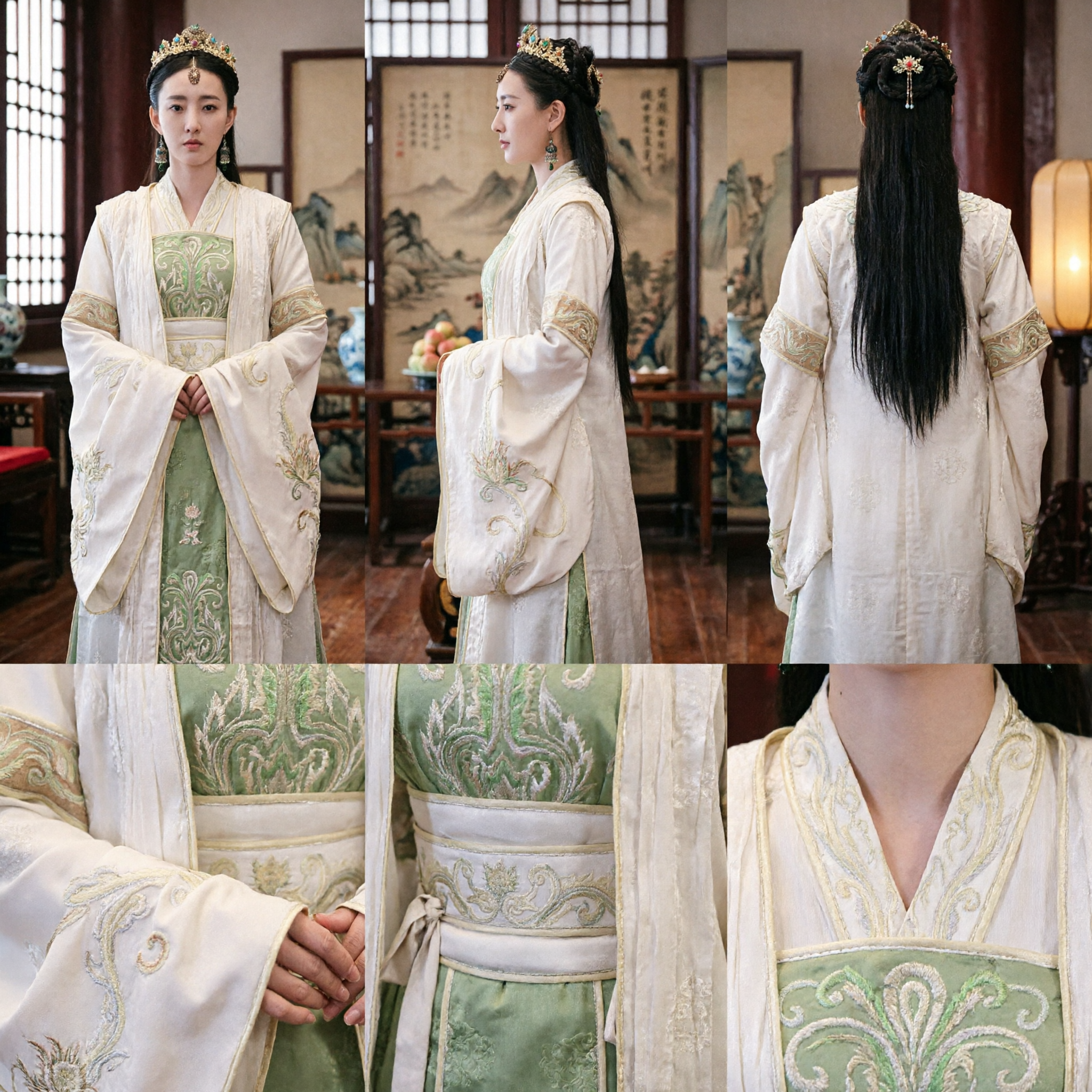 Elegant Traditional Chinese Hanfu Ancient Noble Lady Costume White and Green Embroidered Dress for Women Cosplay - Asian Costume