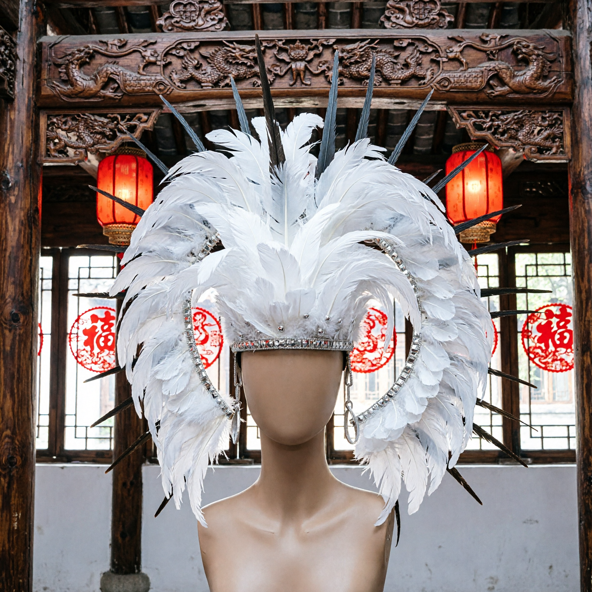 Large White and Black Feather Headdress Brazilian Samba Carnival Crown for Women Stage Performance Costume - Asian Costume